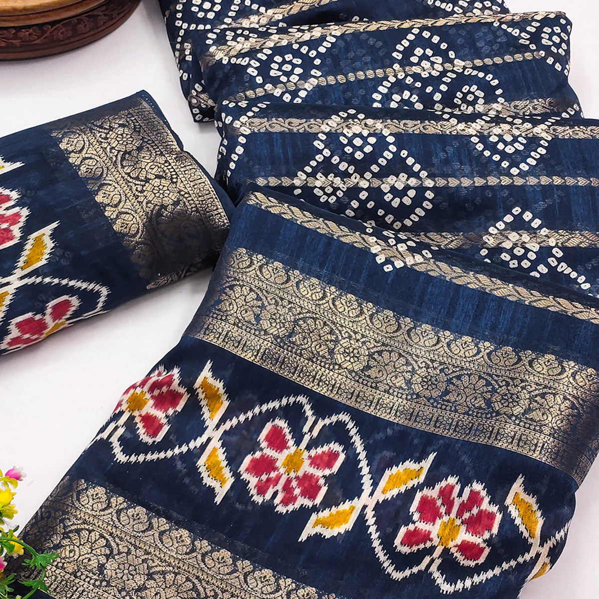 Festive Blue Bandhani Print Saree with Rich Zari Detailing - Image 2