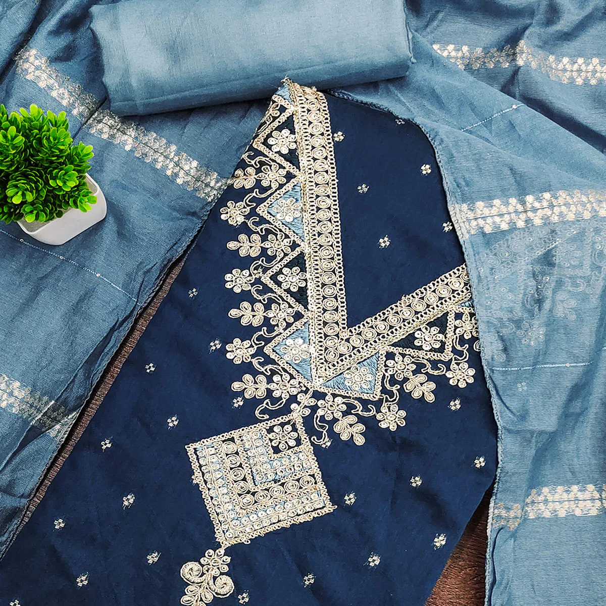 Festive Blue Chanderi Silk Suit Material with Detailed Zari Weaving and Hand Embroidery - Image 2