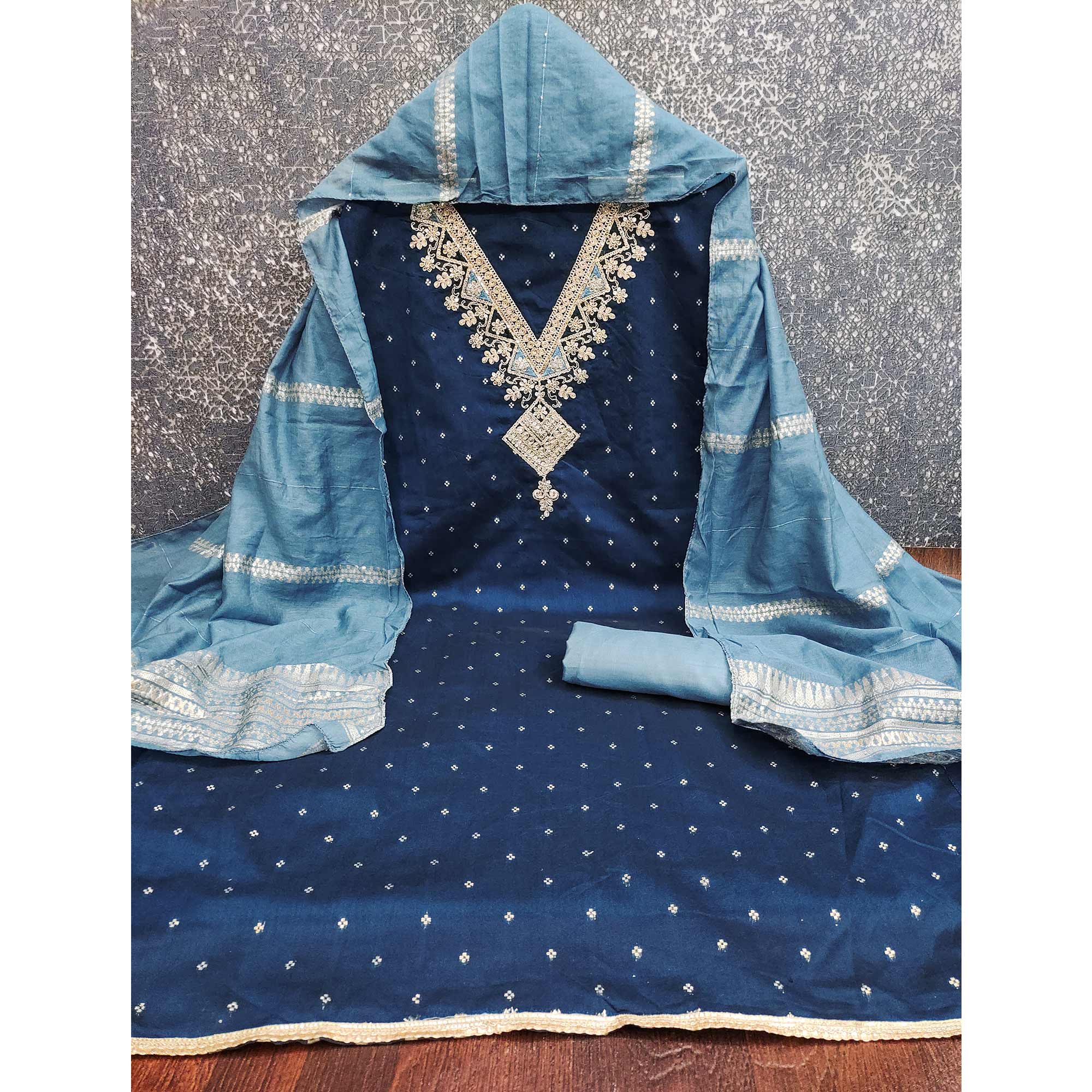 Festive Blue Chanderi Silk Suit Material with Detailed Zari Weaving and Hand Embroidery - Image 3
