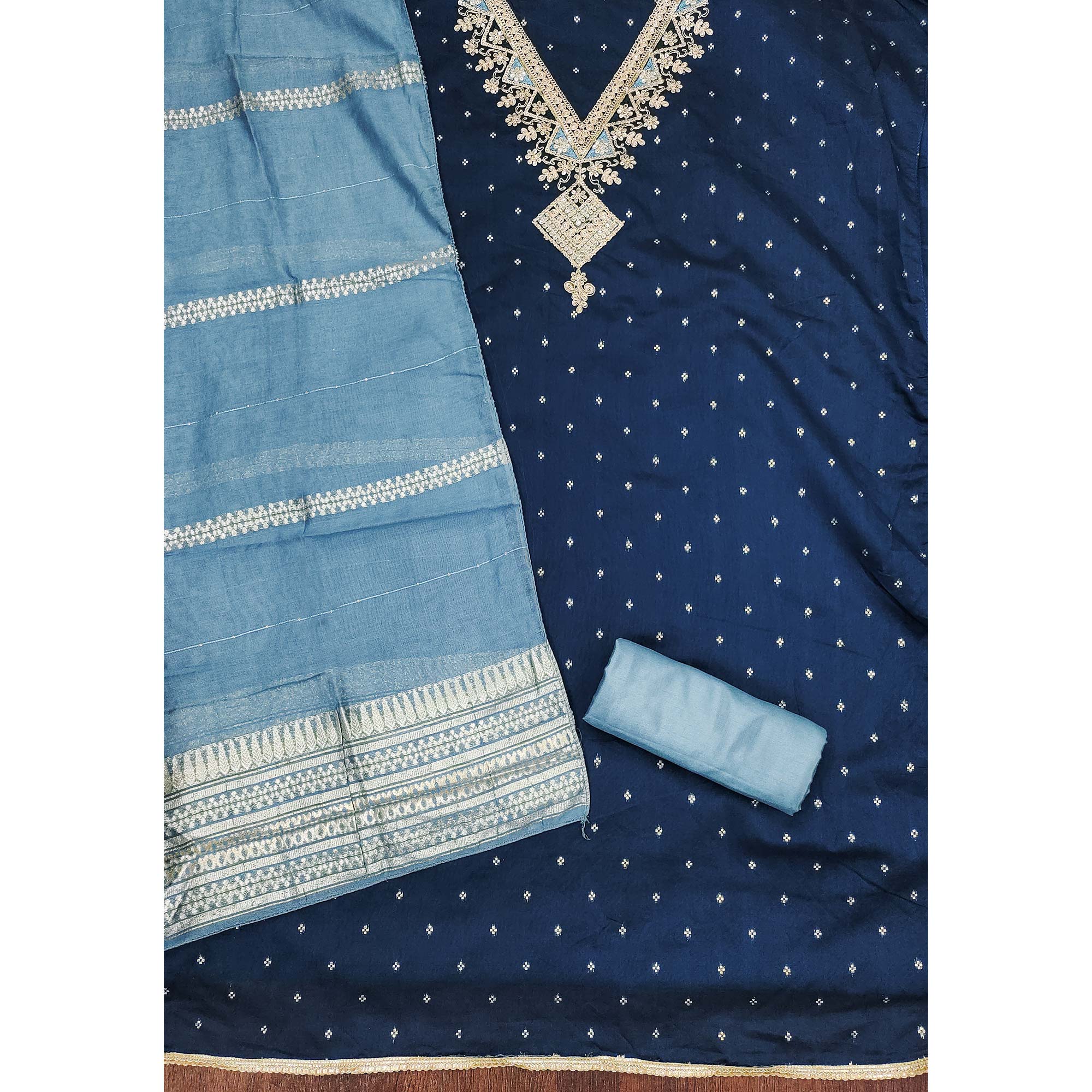Festive Blue Chanderi Silk Suit Material with Detailed Zari Weaving and Hand Embroidery - Image 4