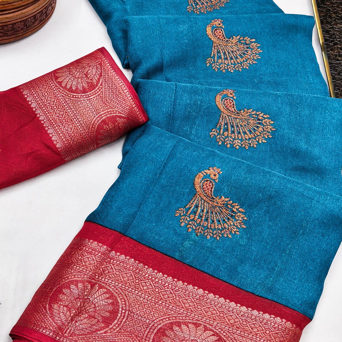 Festive Blue Dola Silk Saree Enhanced with Ornate Zari Weaving - Image 2