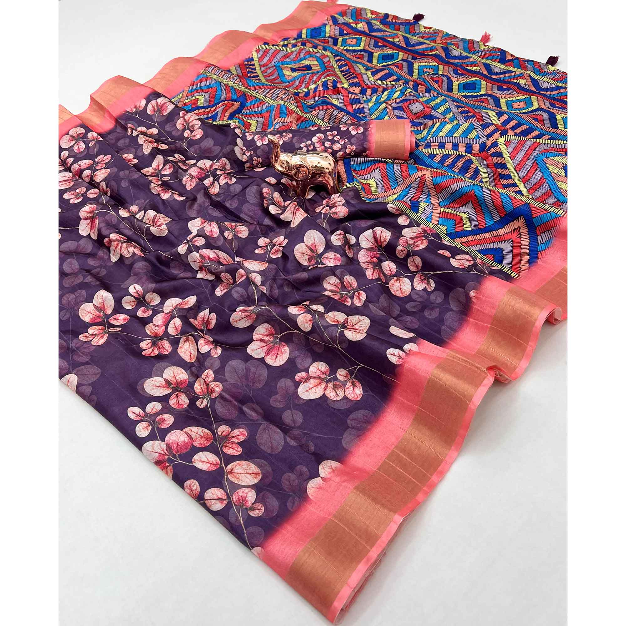 Festive Deep Purple Silk Blend Saree with Subtle Floral Print and Shimmering Zari Border - Image 3