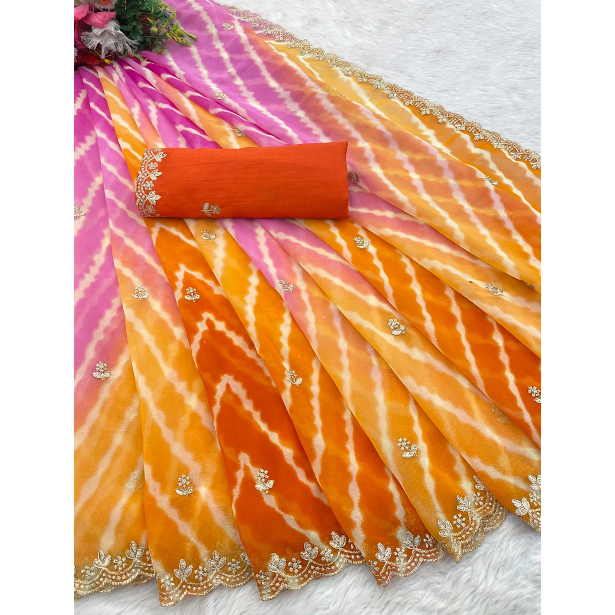 Festive Georgette Saree in Orange & Purple with Ethnic Leheriya Print and Fine Embroidery - Image 3