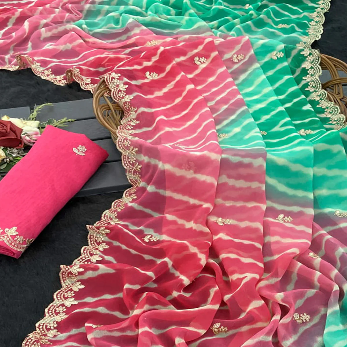 Festive Georgette Saree in Pink & Green with Ethnic Leheriya Print and Fine Embroidery - Image 2