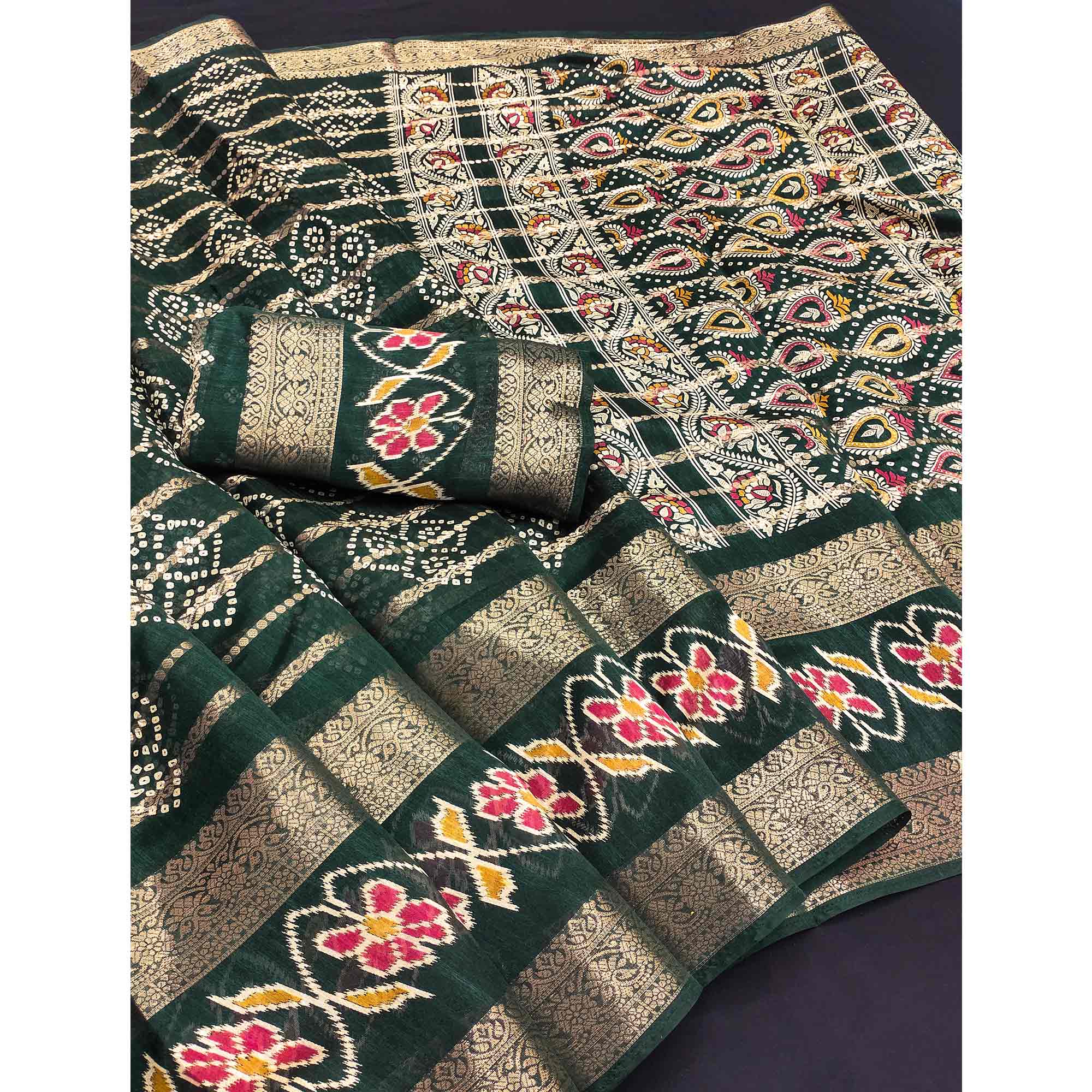 Festive Green Bandhani Print Saree with Rich Zari Detailing - Image 3