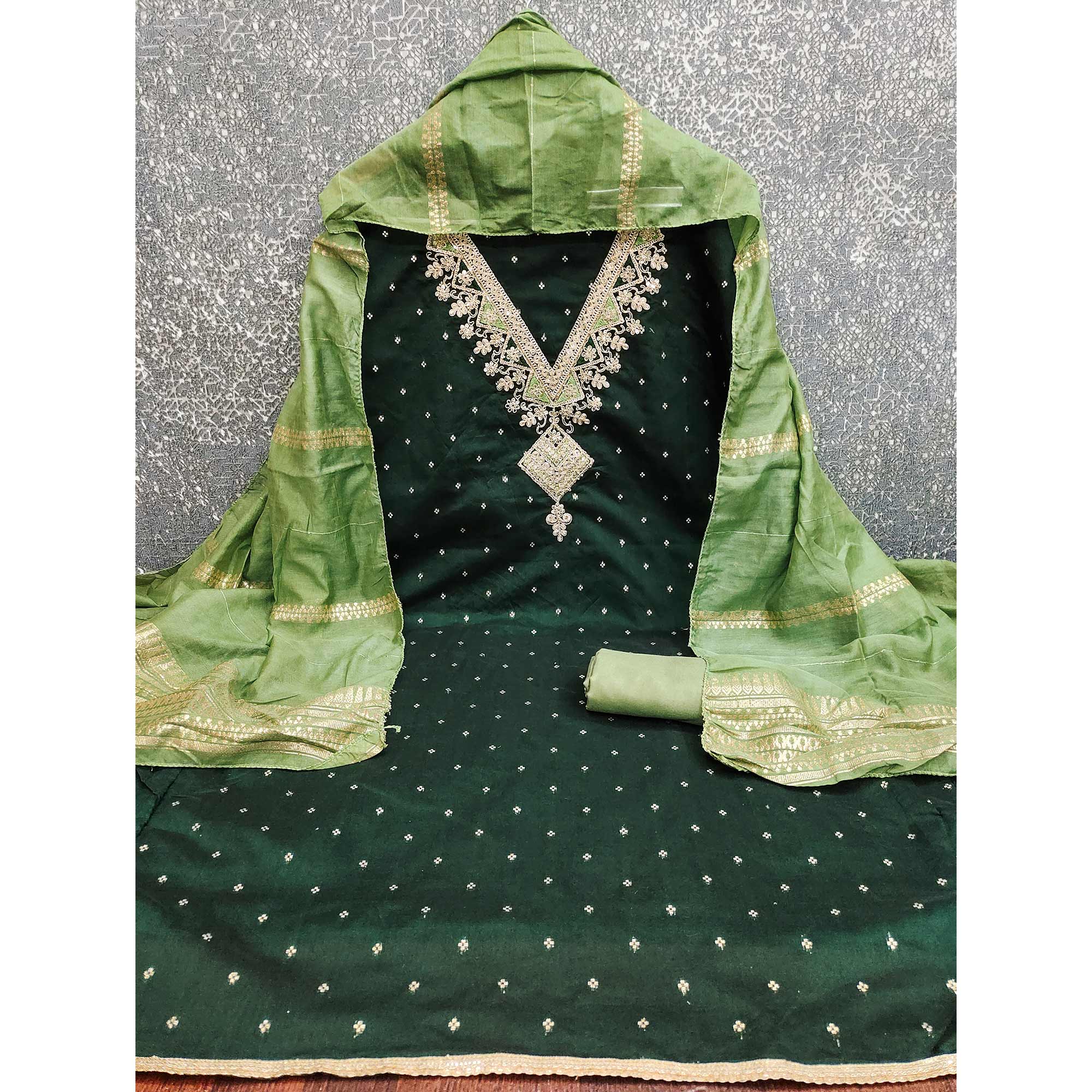 Festive Green Chanderi Silk Suit Material with Detailed Zari Weaving and Hand Embroidery - Image 3