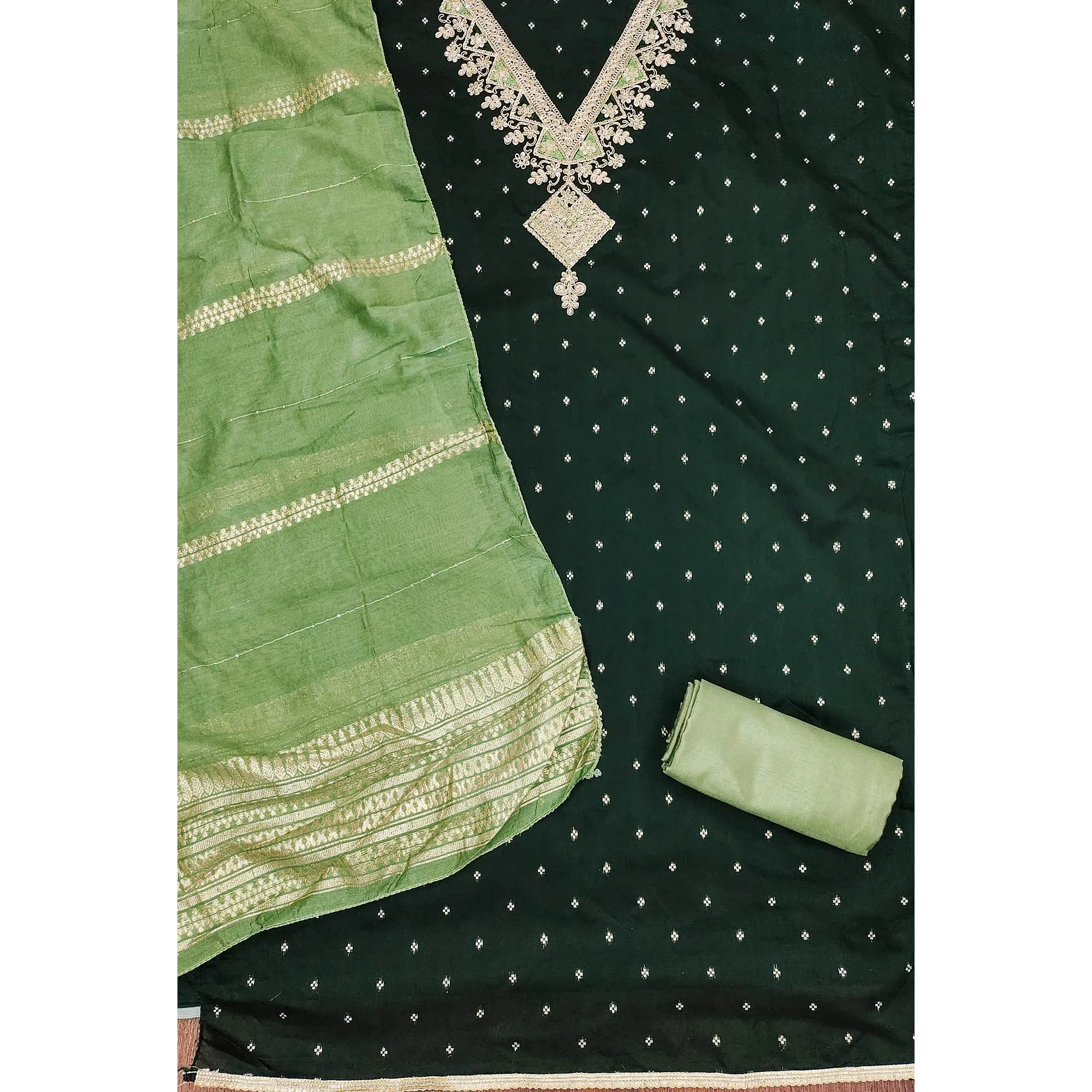 Festive Green Chanderi Silk Suit Material with Detailed Zari Weaving and Hand Embroidery - Image 4