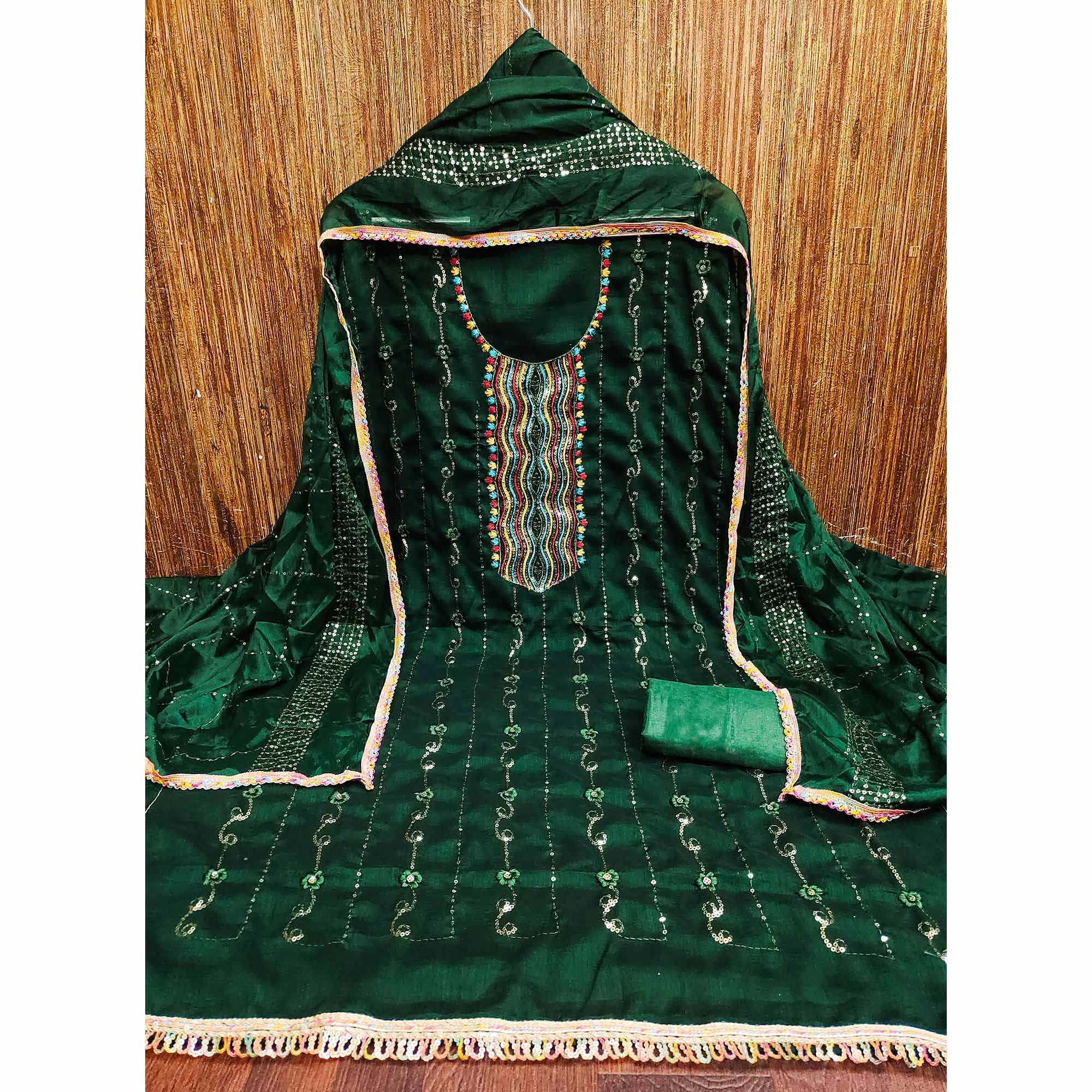 Festive Green Dress Material in Vichitra Silk with Sequin Highlights - Image 4
