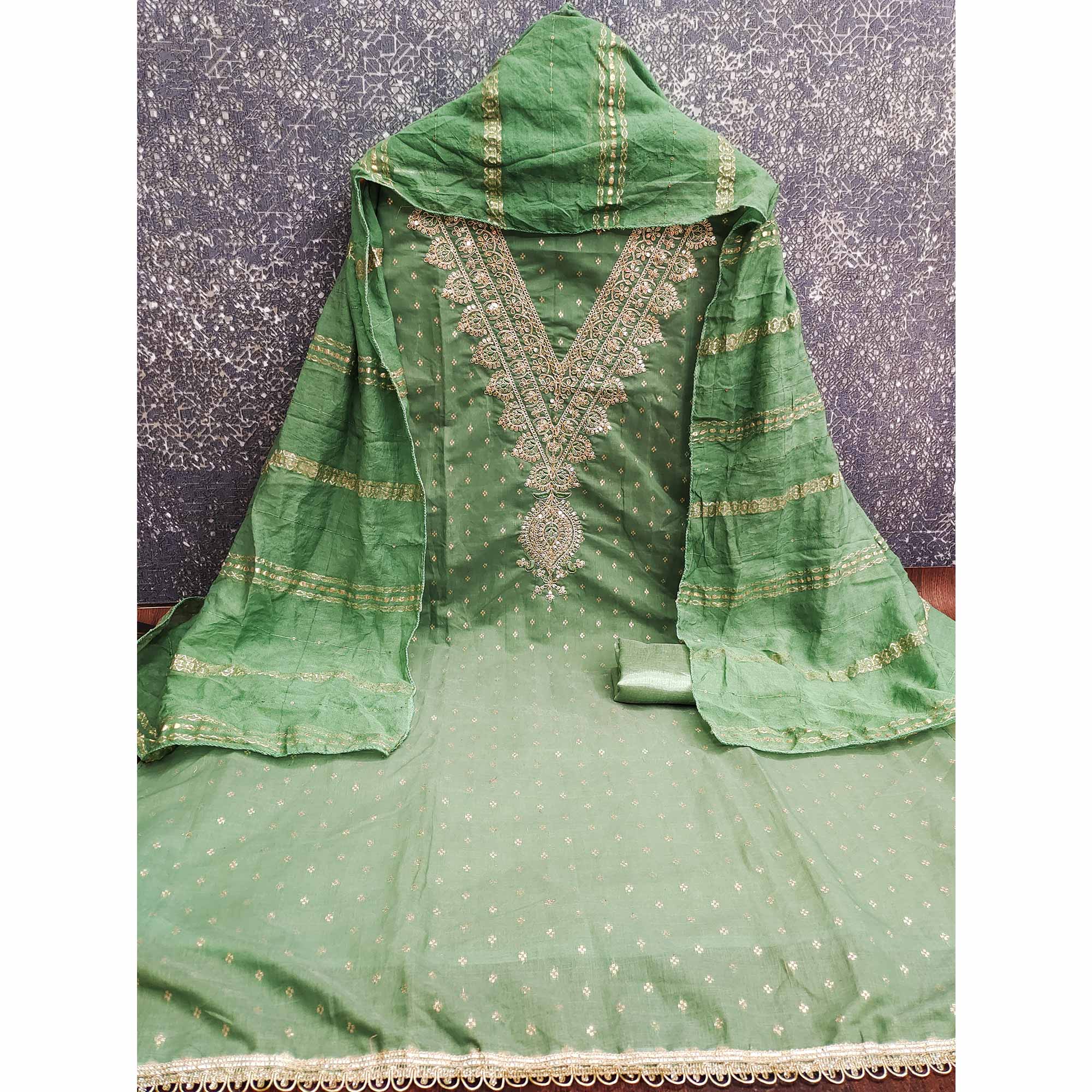 Festive Green Embroidered Dress Material Crafted from Rich Chanderi Silk with Zari Work - Image 4