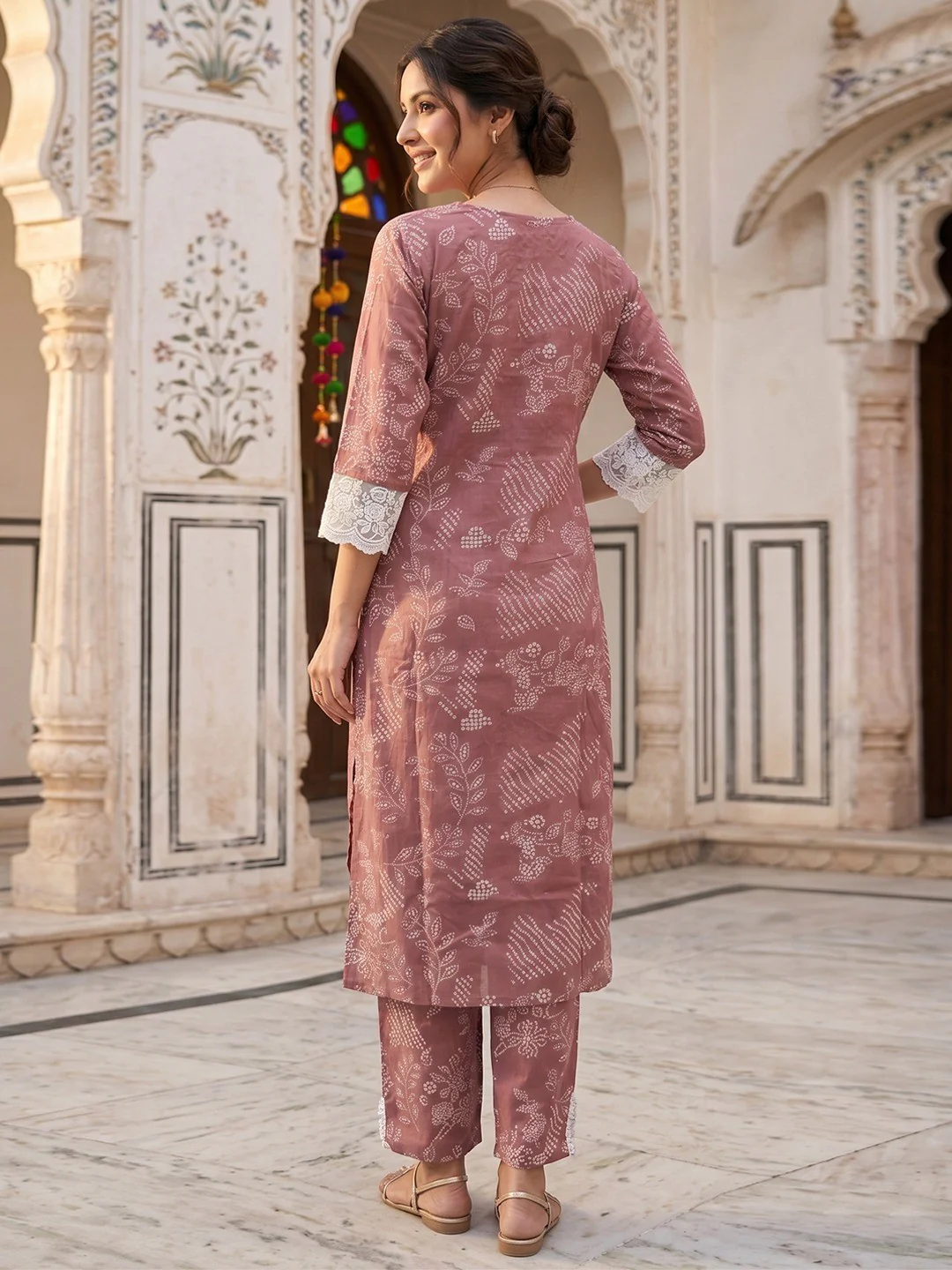 Festive Mauve Pure Cotton Straight Salwar Suit with Lace Work - Image 3