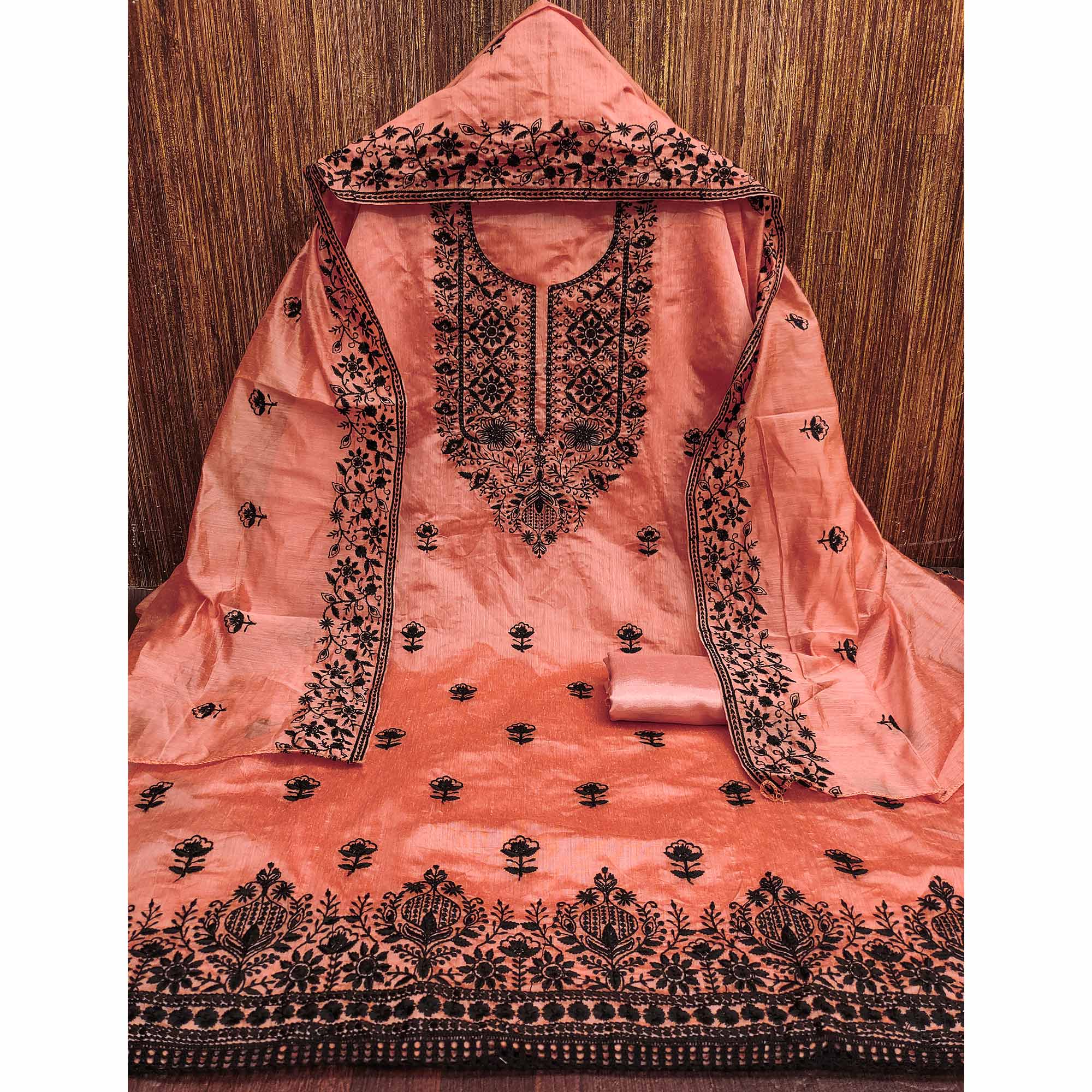 Festive Peach Floral Embroidered Dress Material in Sheer Chanderi Silk - Image 3
