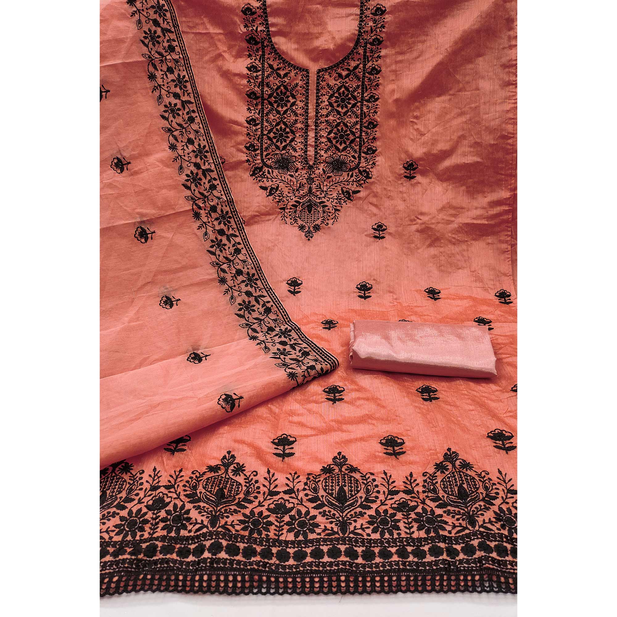 Festive Peach Floral Embroidered Dress Material in Sheer Chanderi Silk - Image 4