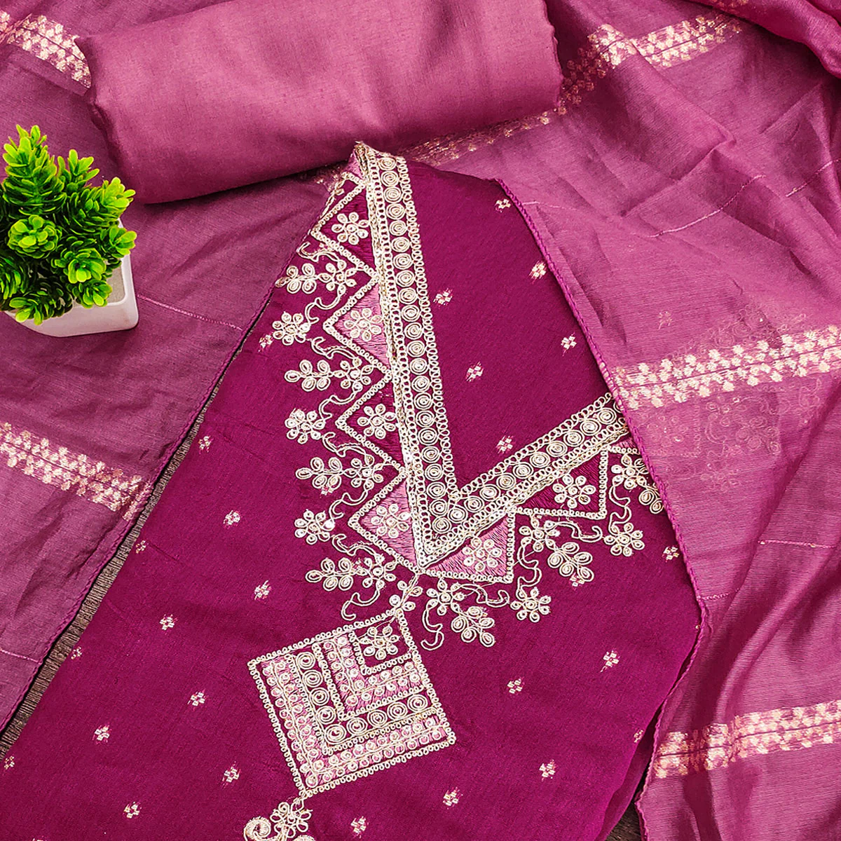 Festive Pink Chanderi Silk Suit Material with Detailed Zari Weaving and Hand Embroidery - Image 2