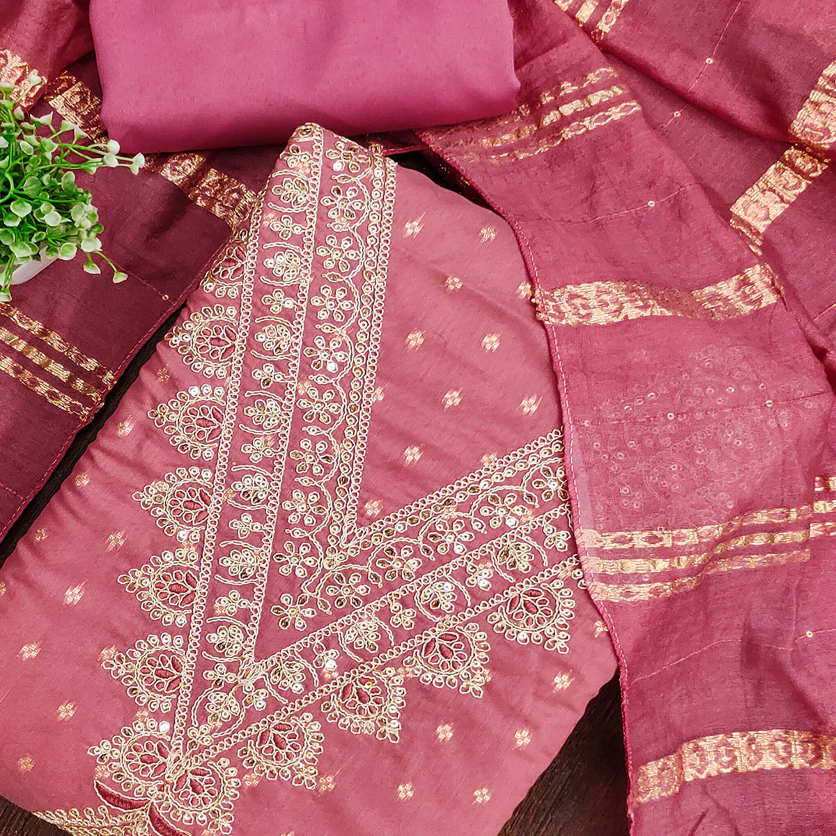 Festive Pink Embroidered Dress Material Crafted from Rich Chanderi Silk with Zari Work - Image 2