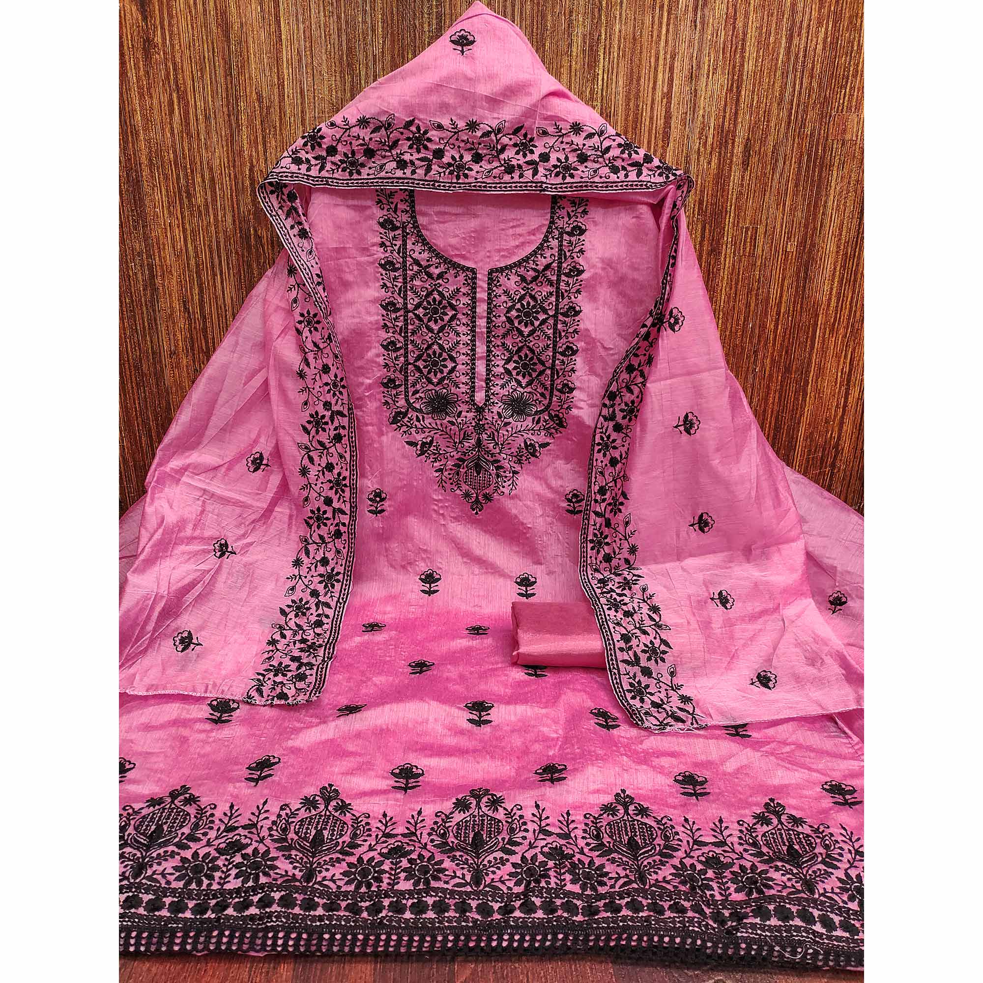 Festive Pink Floral Embroidered Dress Material in Sheer Chanderi Silk - Image 3