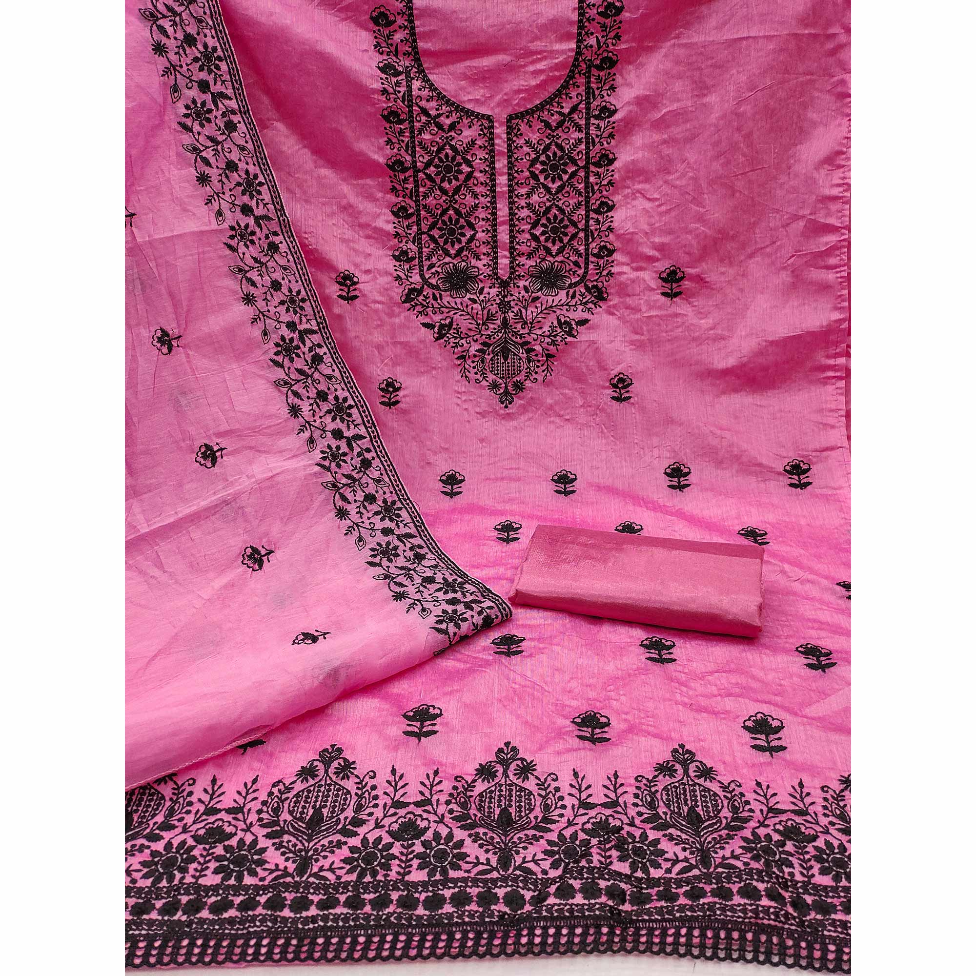 Festive Pink Floral Embroidered Dress Material in Sheer Chanderi Silk - Image 4