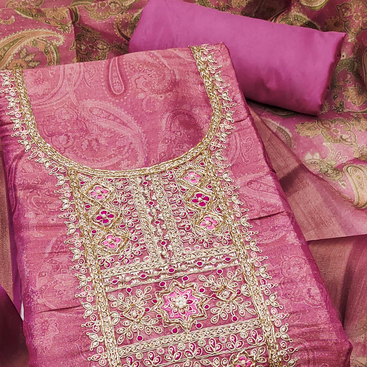 Festive Pink Printed Shimmer Cotton Silk Unstitched Dress Material with Decorative Thread Work - Image 2