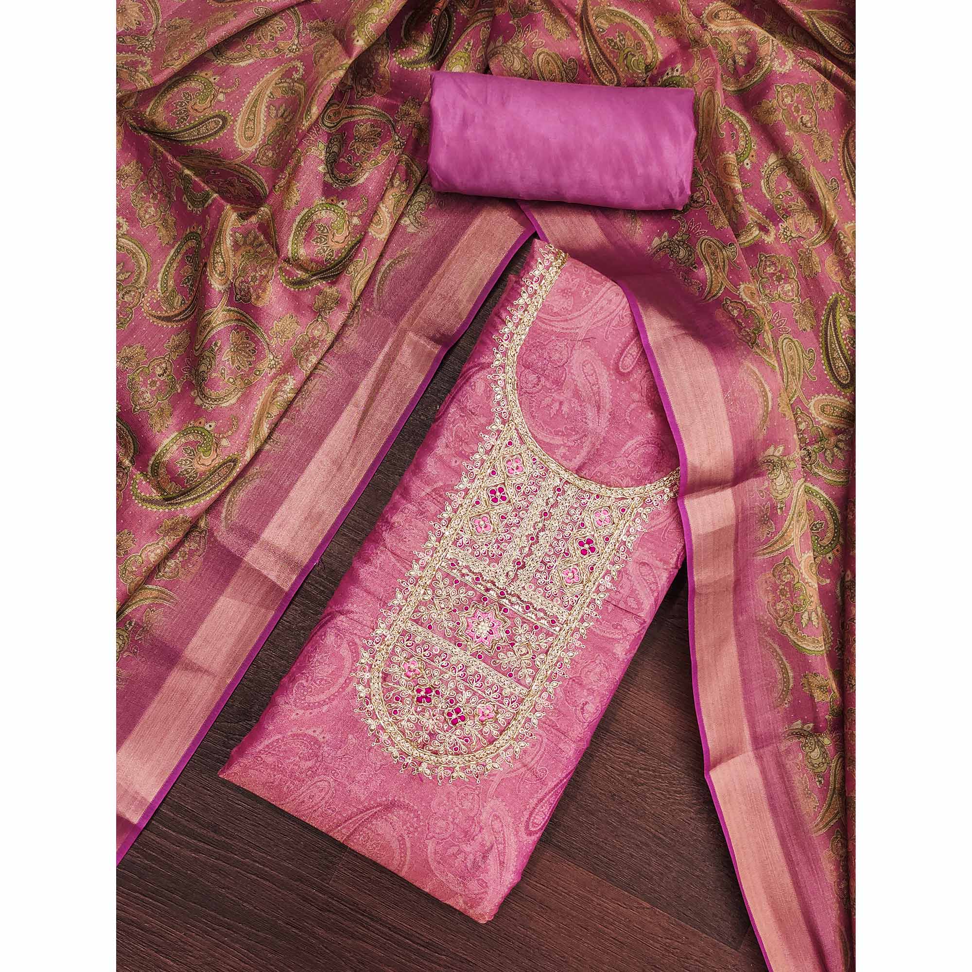Festive Pink Printed Shimmer Cotton Silk Unstitched Dress Material with Decorative Thread Work - Image 3
