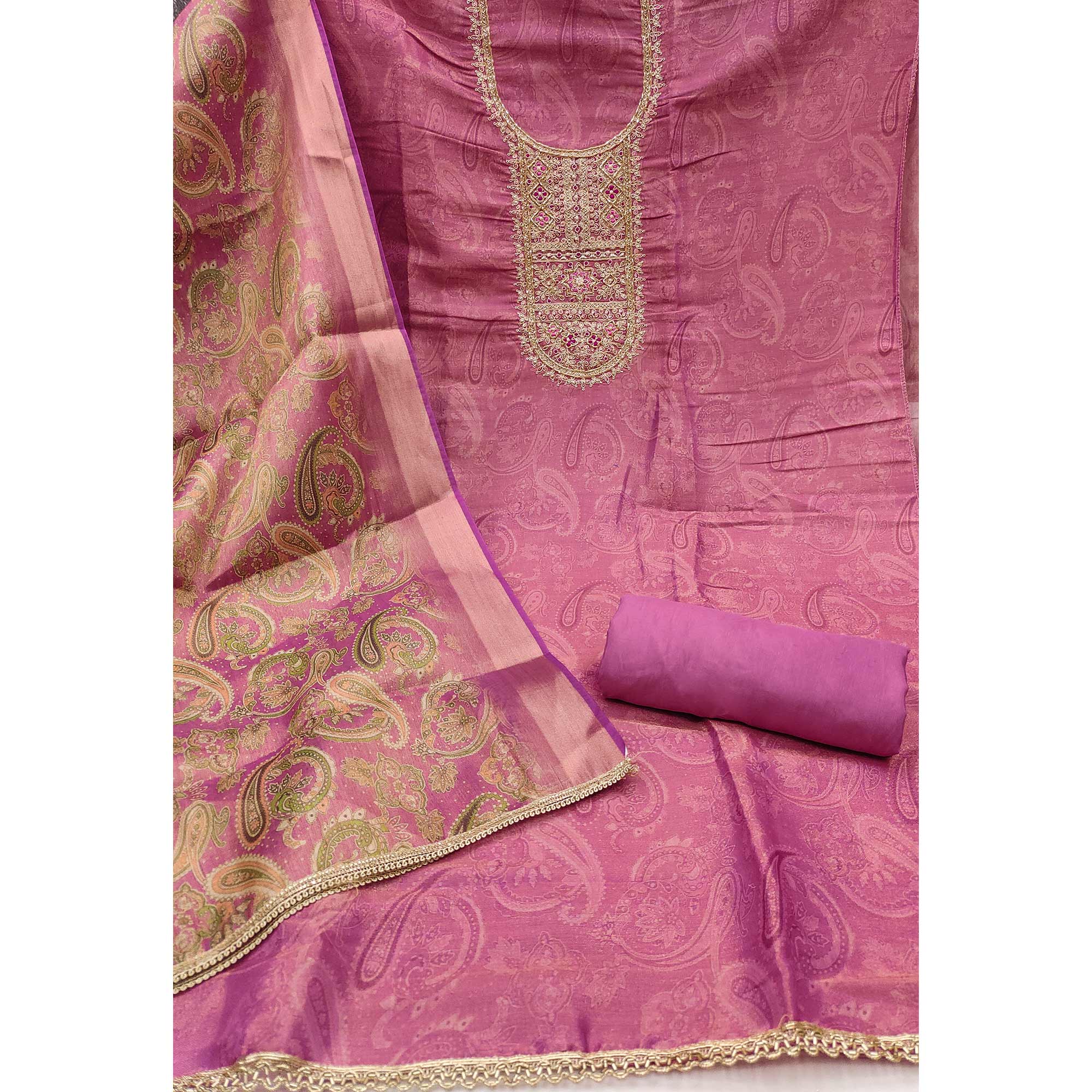 Festive Pink Printed Shimmer Cotton Silk Unstitched Dress Material with Decorative Thread Work - Image 4