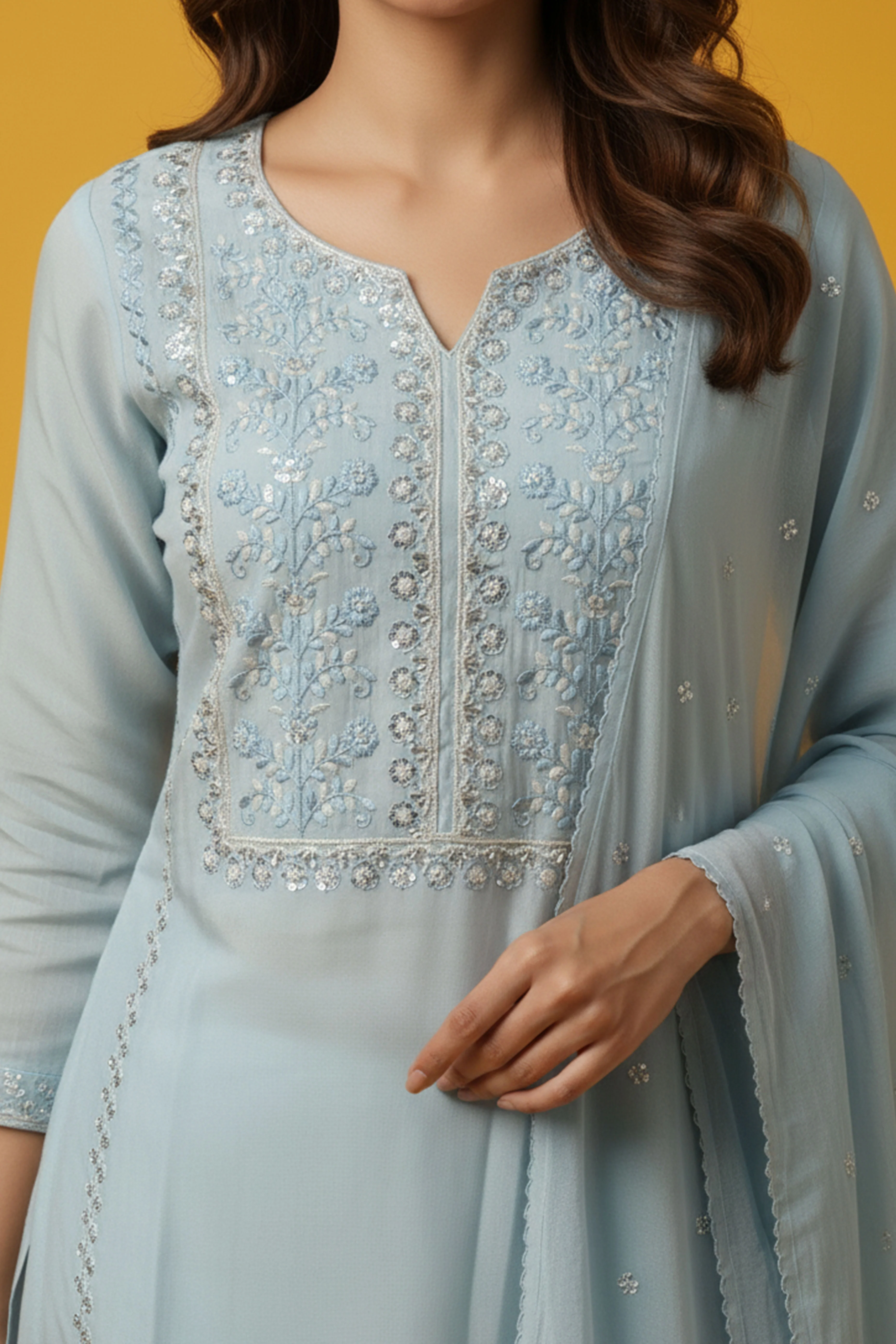 Festive Powder Blue Straight Viscose Blend Salwar Suit with Delicate Beads and Embroidery Detailing - Image 2