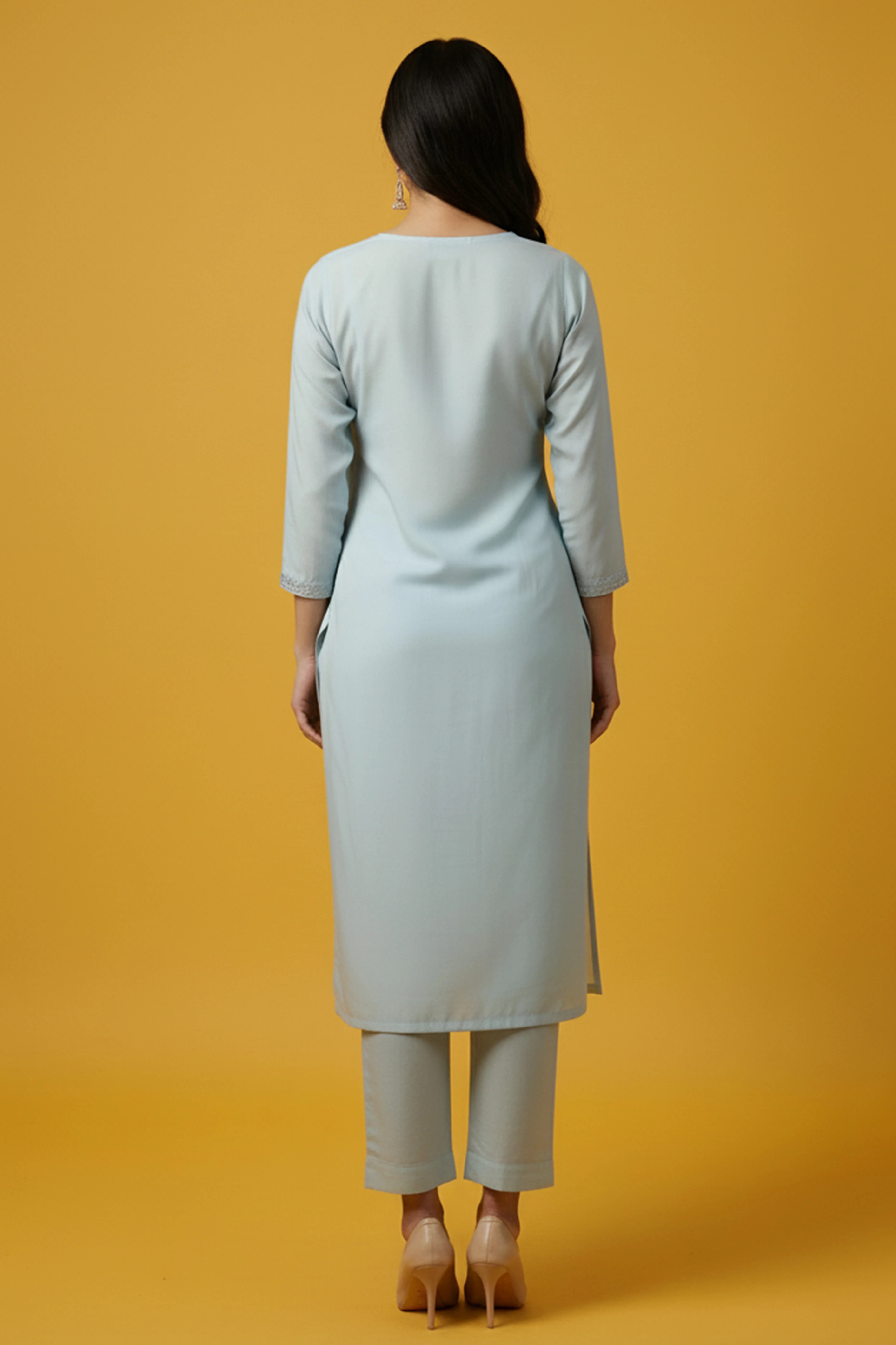 Festive Powder Blue Straight Viscose Blend Salwar Suit with Delicate Beads and Embroidery Detailing - Image 3