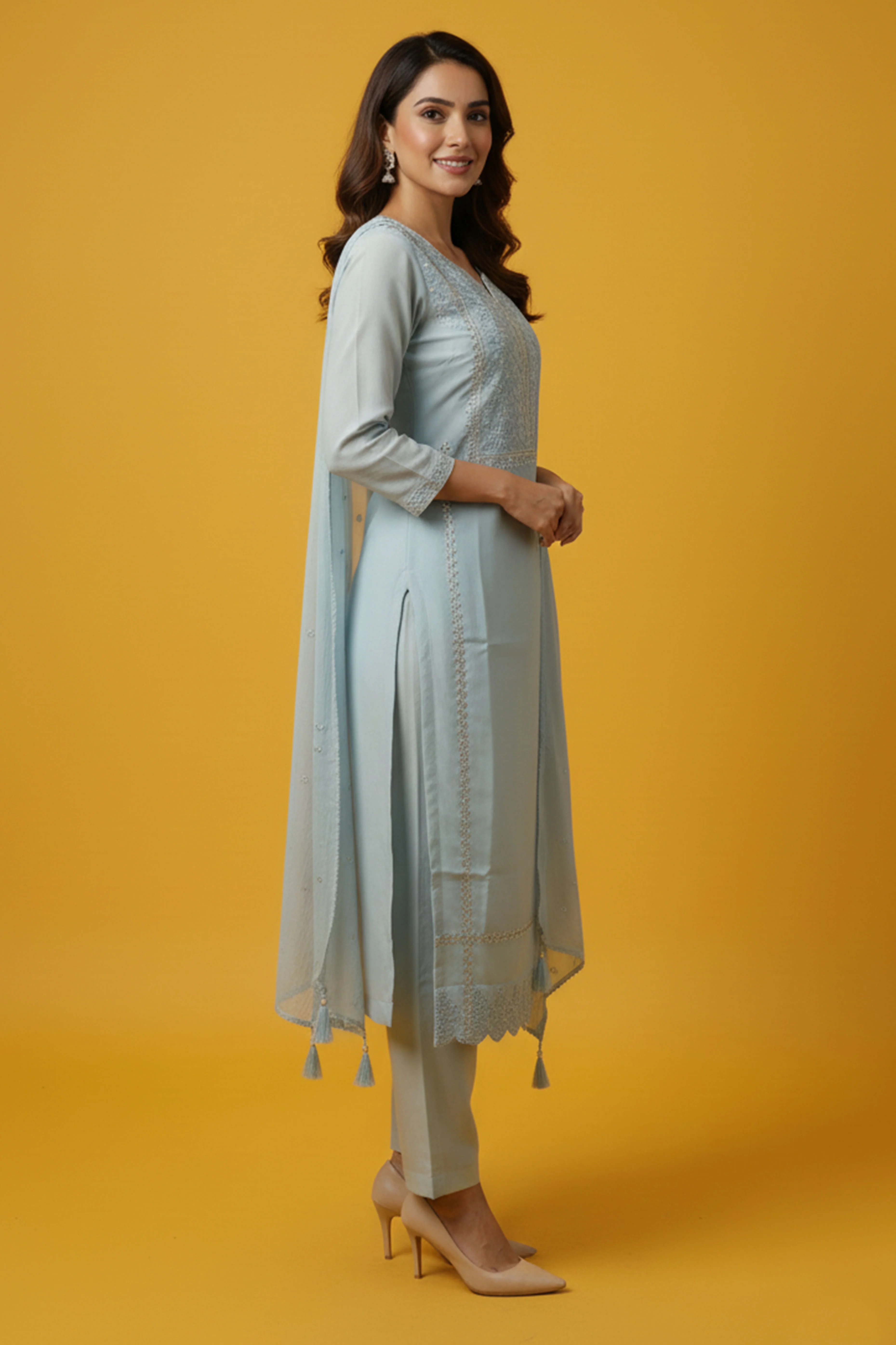 Festive Powder Blue Straight Viscose Blend Salwar Suit with Delicate Beads and Embroidery Detailing - Image 4