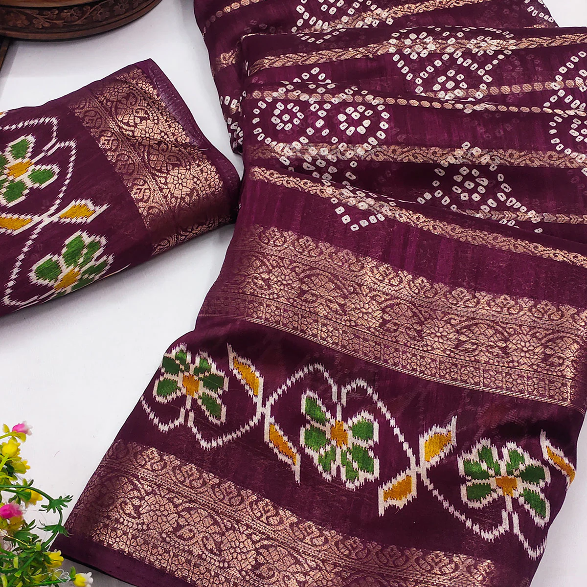 Festive Purple Bandhani Print Saree with Rich Zari Detailing - Image 2