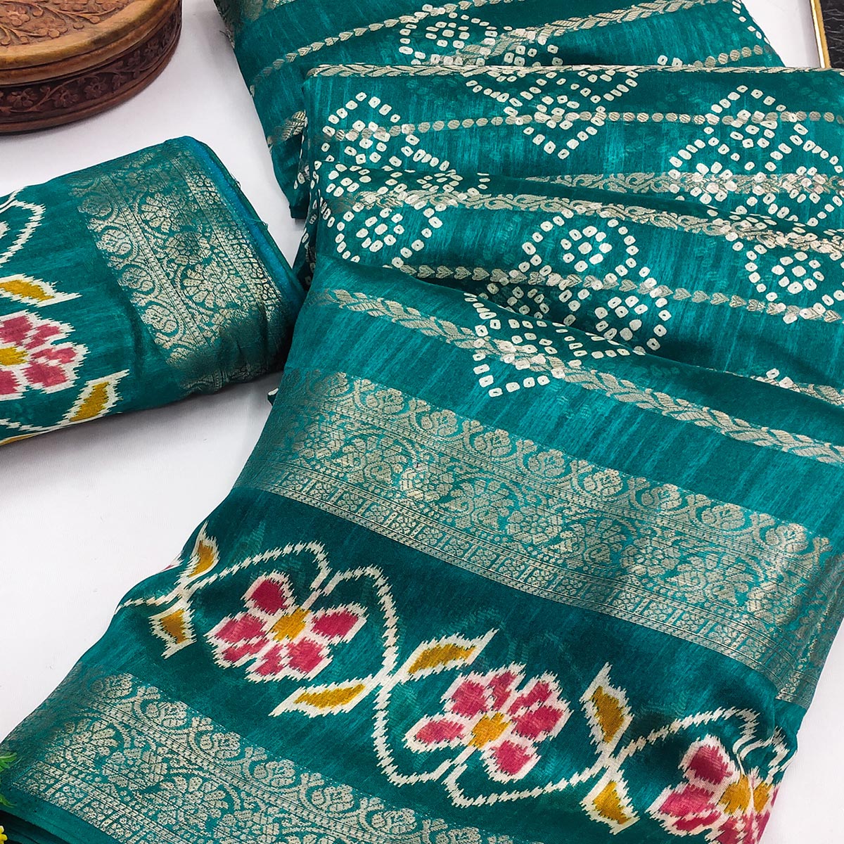 Festive Rama Green Bandhani Print Saree with Rich Zari Detailing - Image 2