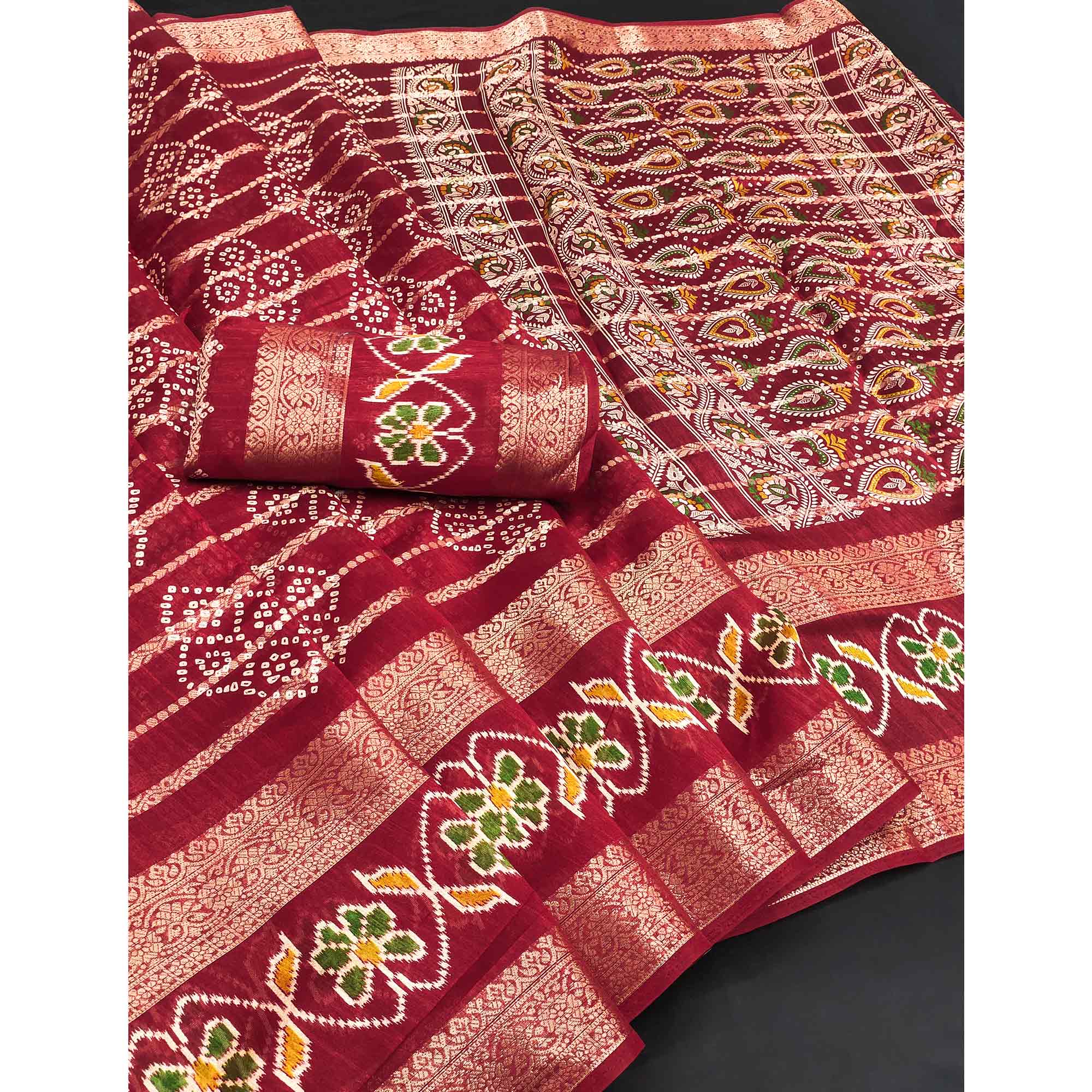 Festive Red Bandhani Print Saree with Rich Zari Detailing - Image 3
