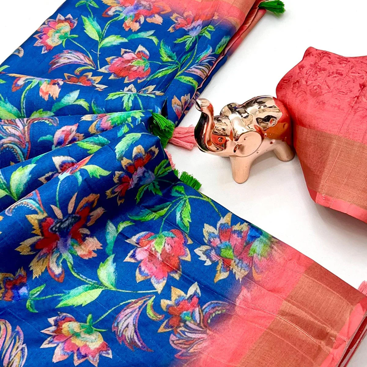 Festive Royal Blue Silk Blend Saree with Subtle Floral Print and Shimmering Zari Border - Image 2