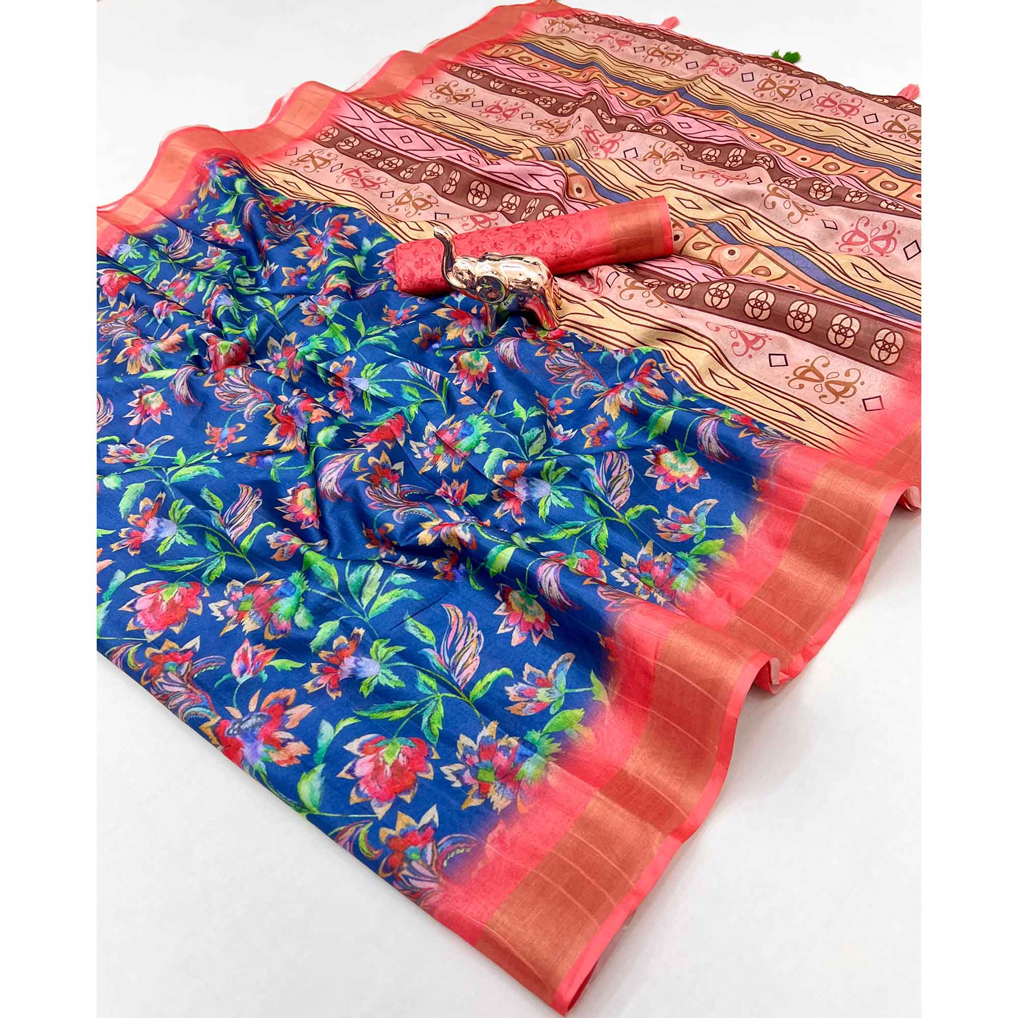 Festive Royal Blue Silk Blend Saree with Subtle Floral Print and Shimmering Zari Border - Image 3