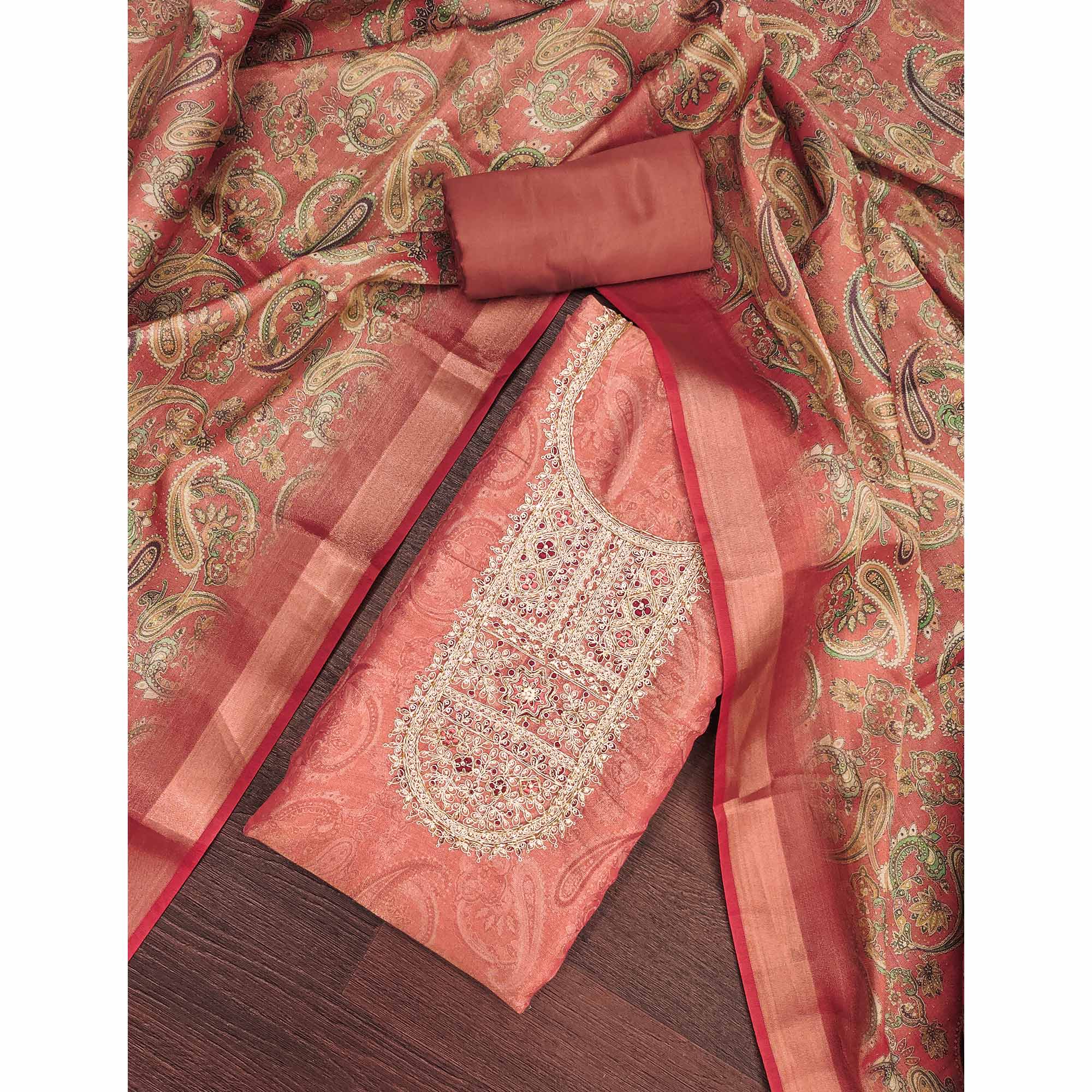 Festive Rust Printed Shimmer Cotton Silk Unstitched Dress Material with Decorative Thread Work - Image 3
