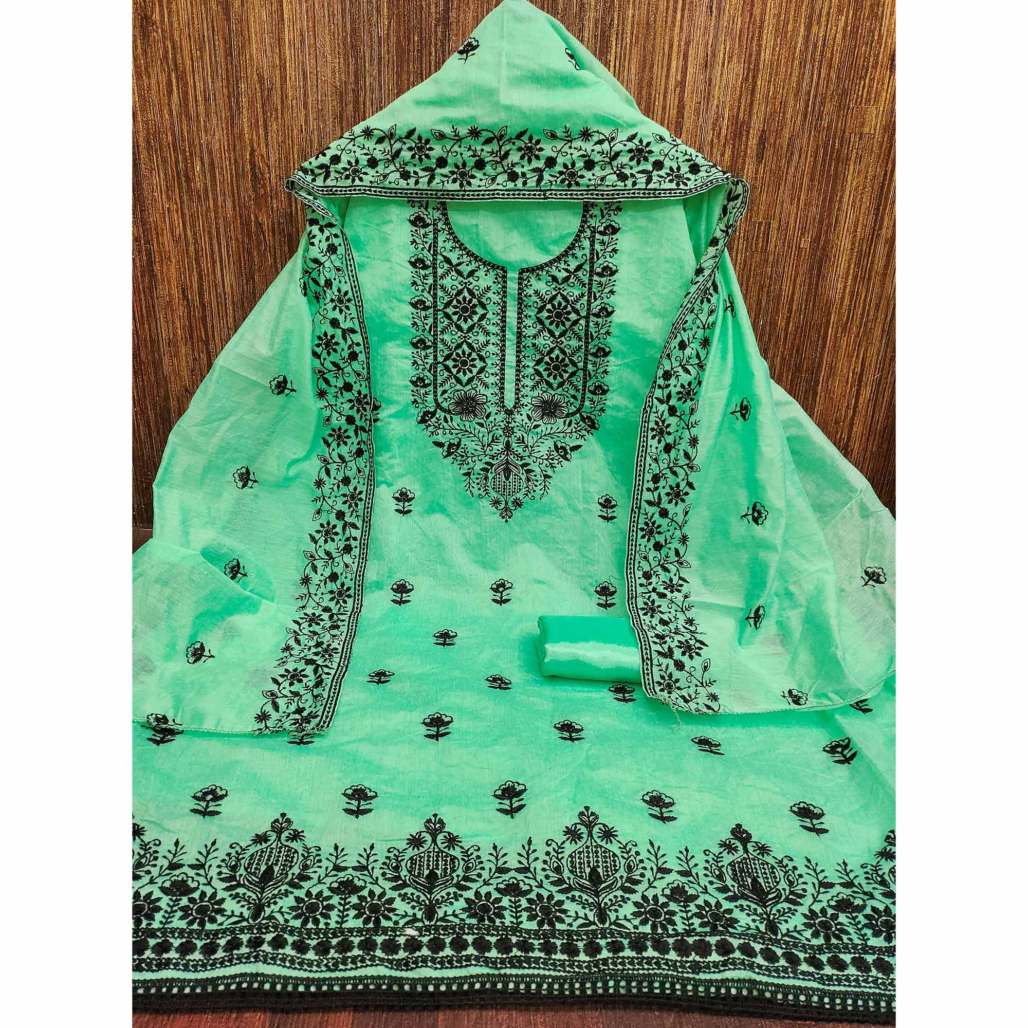 Festive Sea Green Floral Embroidered Dress Material in Sheer Chanderi Silk - Image 3