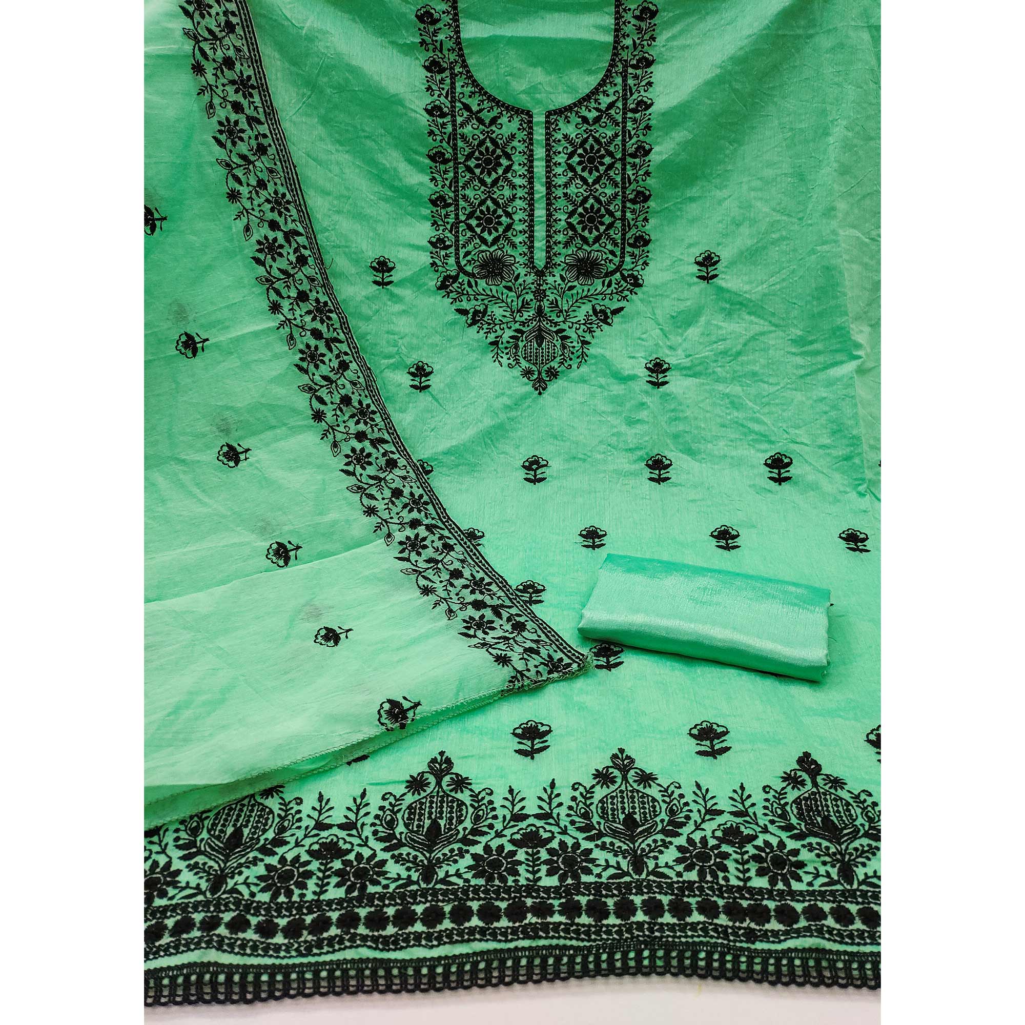 Festive Sea Green Floral Embroidered Dress Material in Sheer Chanderi Silk - Image 4