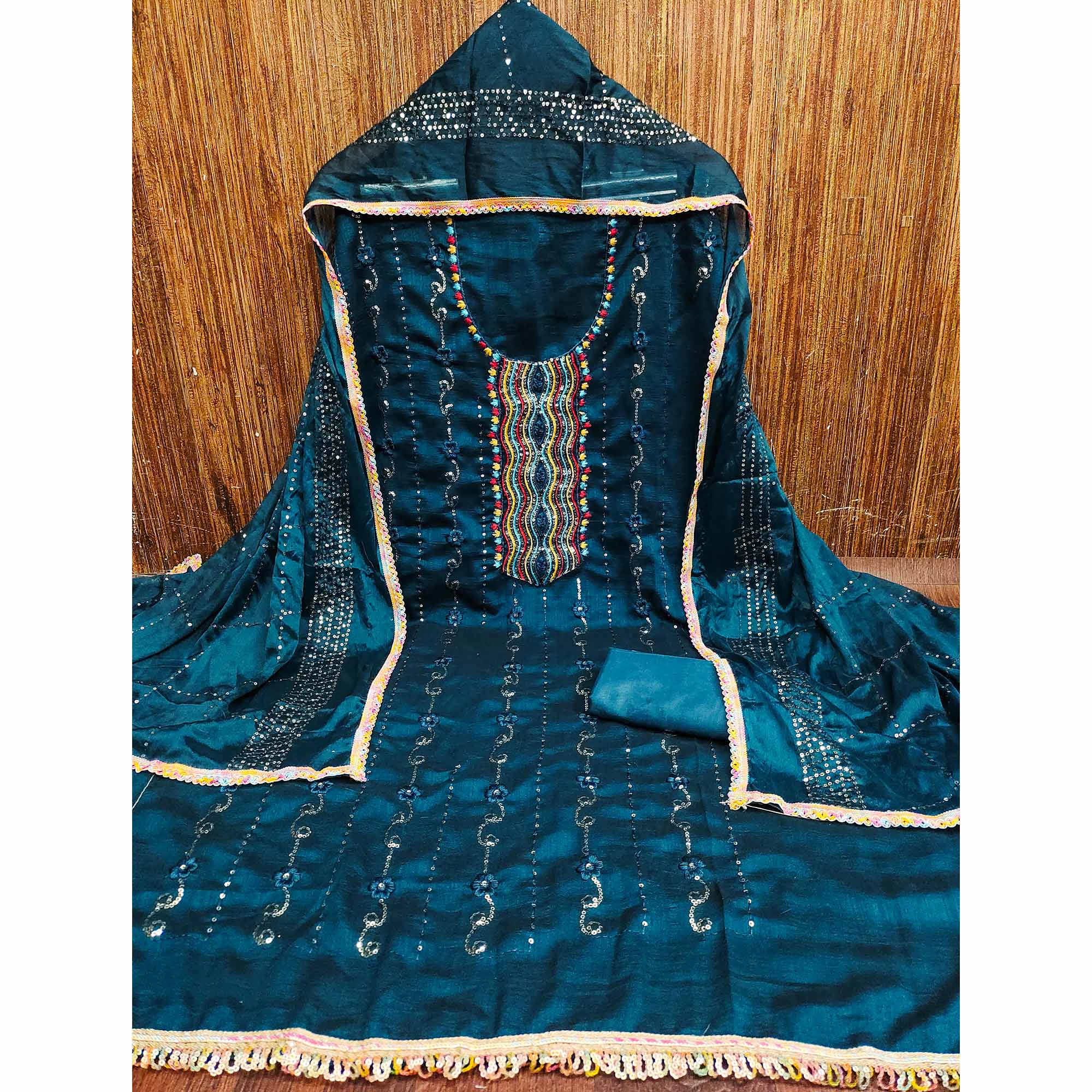 Festive Teal Dress Material in Vichitra Silk with Sequin Highlights - Image 4