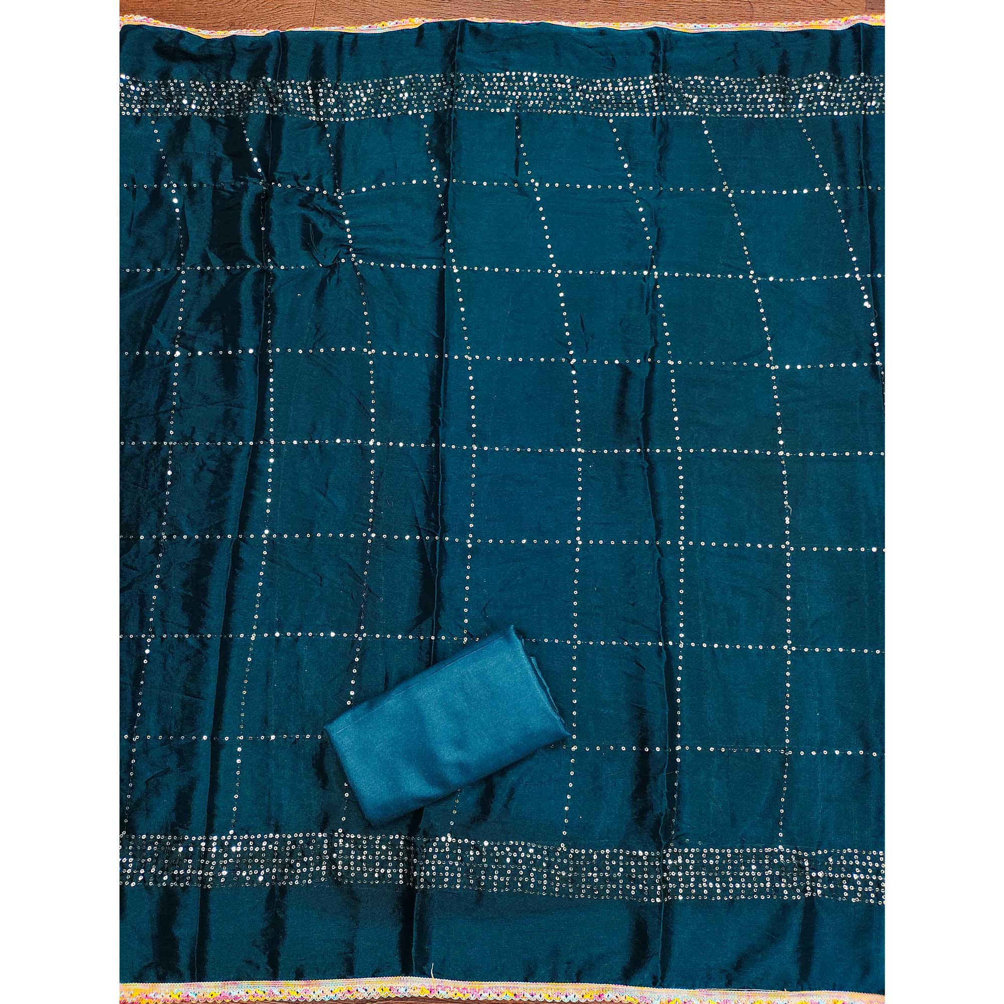 Festive Teal Dress Material in Vichitra Silk with Sequin Highlights - Image 6