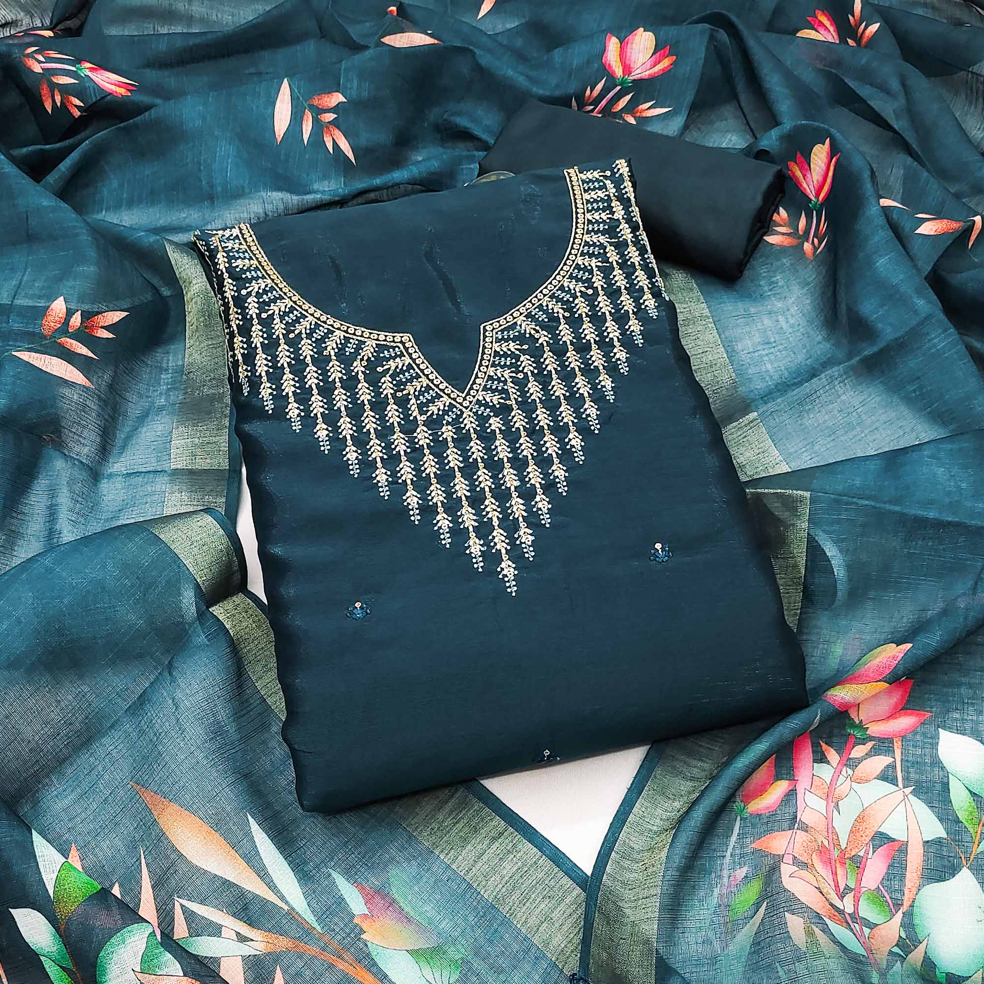 Festive Teal Floral Embroidered Art Silk Dress Material with Fine Thread Work