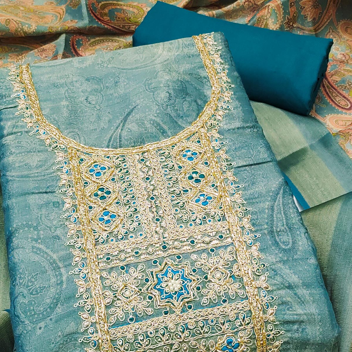 Festive Teal Printed Shimmer Cotton Silk Unstitched Dress Material with Decorative Thread Work - Image 2