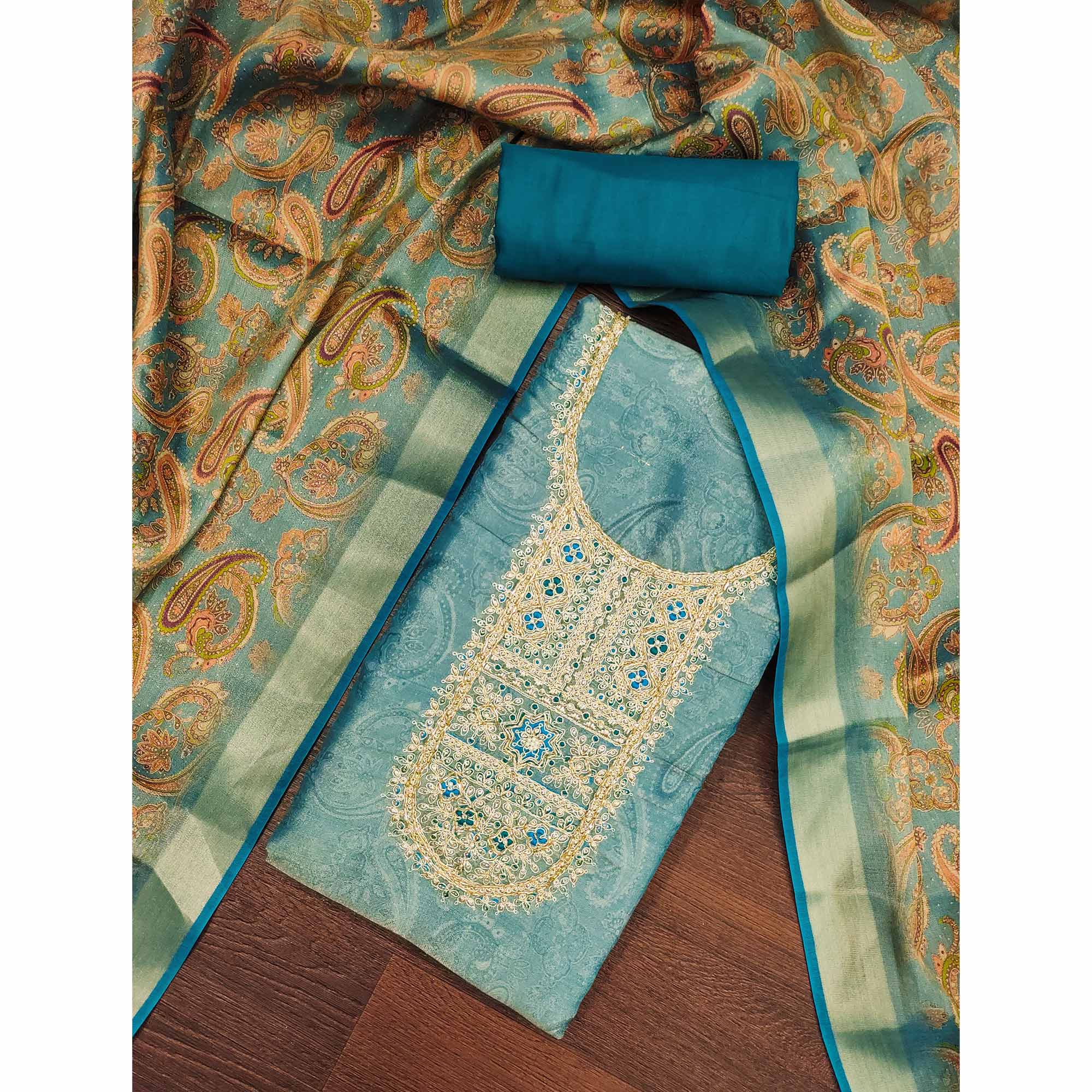 Festive Teal Printed Shimmer Cotton Silk Unstitched Dress Material with Decorative Thread Work - Image 3