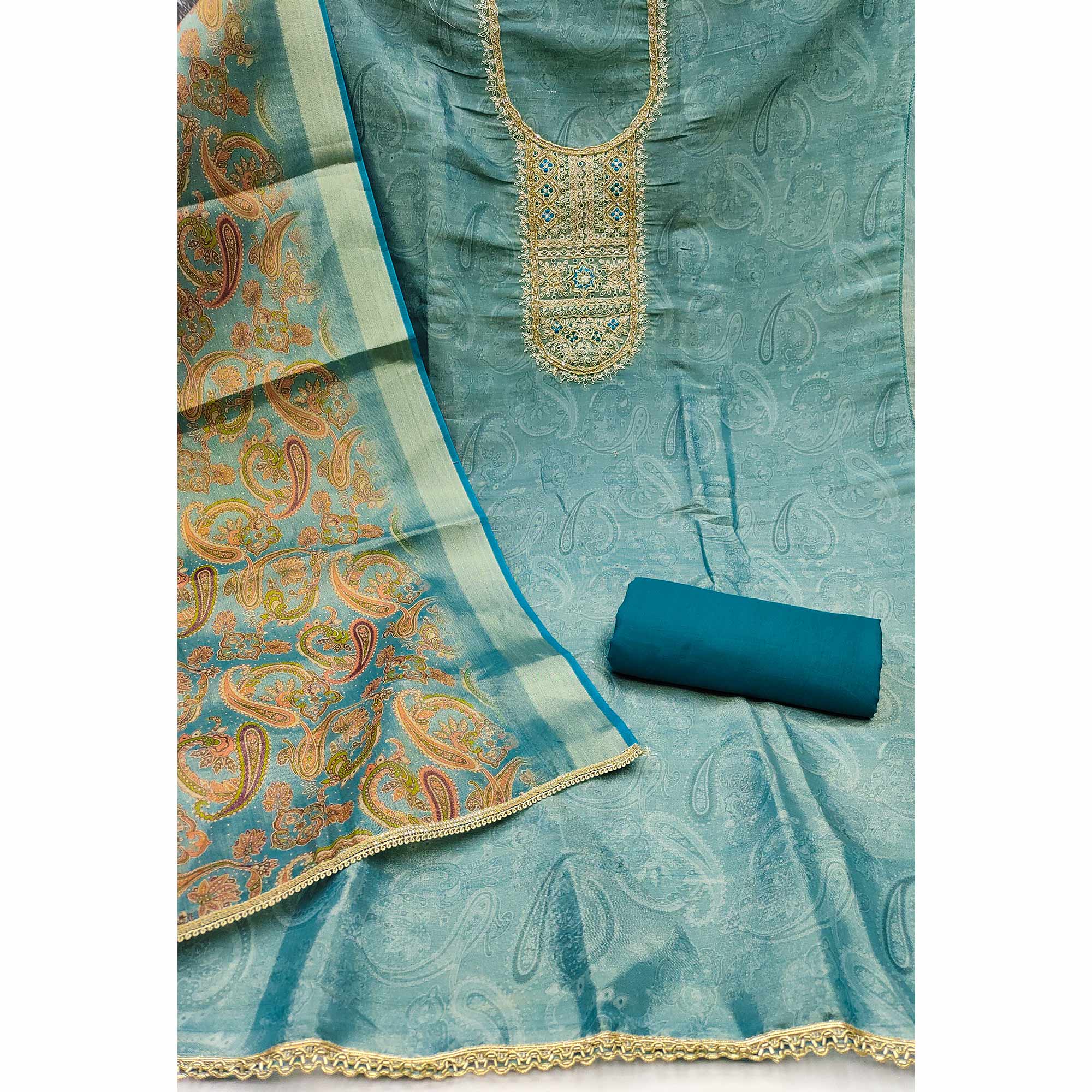 Festive Teal Printed Shimmer Cotton Silk Unstitched Dress Material with Decorative Thread Work - Image 4