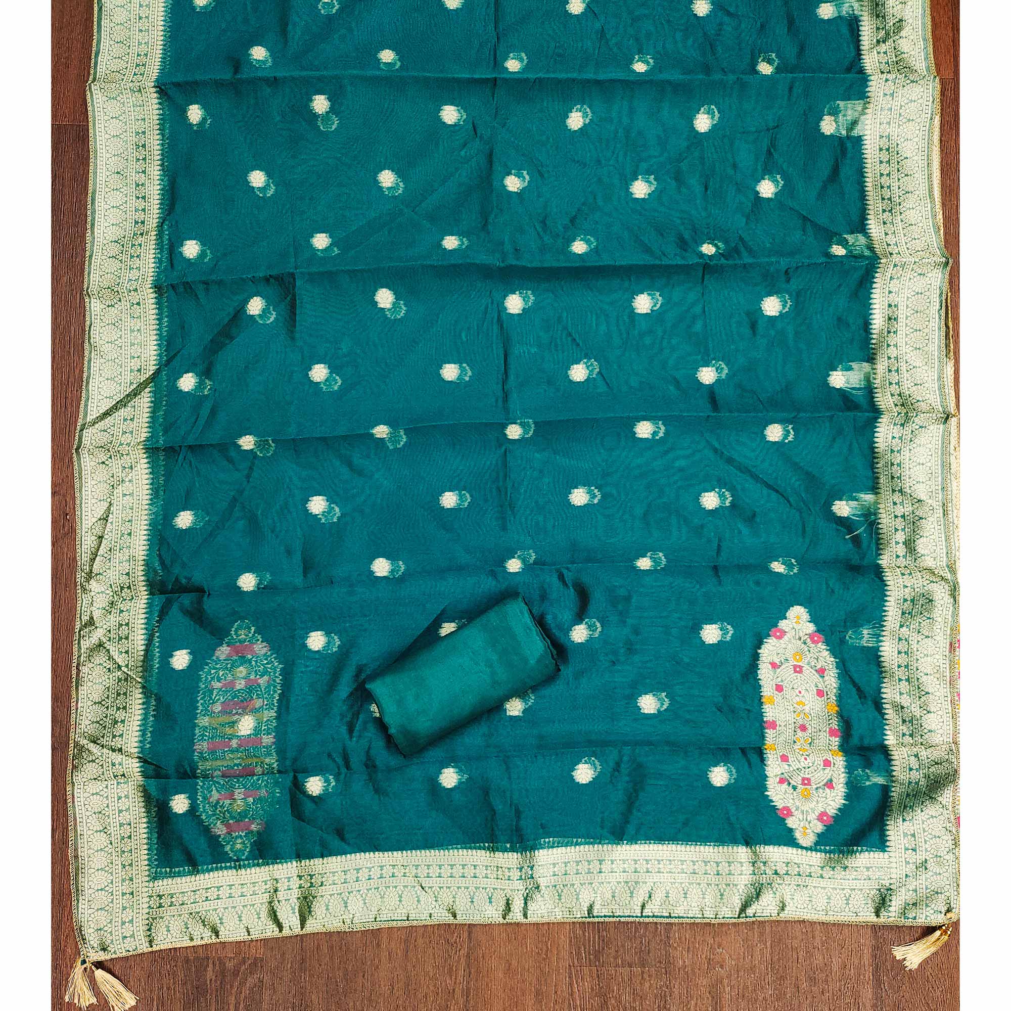 Festive Teal Unstitched Dress Material in Zari Weaving Jacquard - Image 6