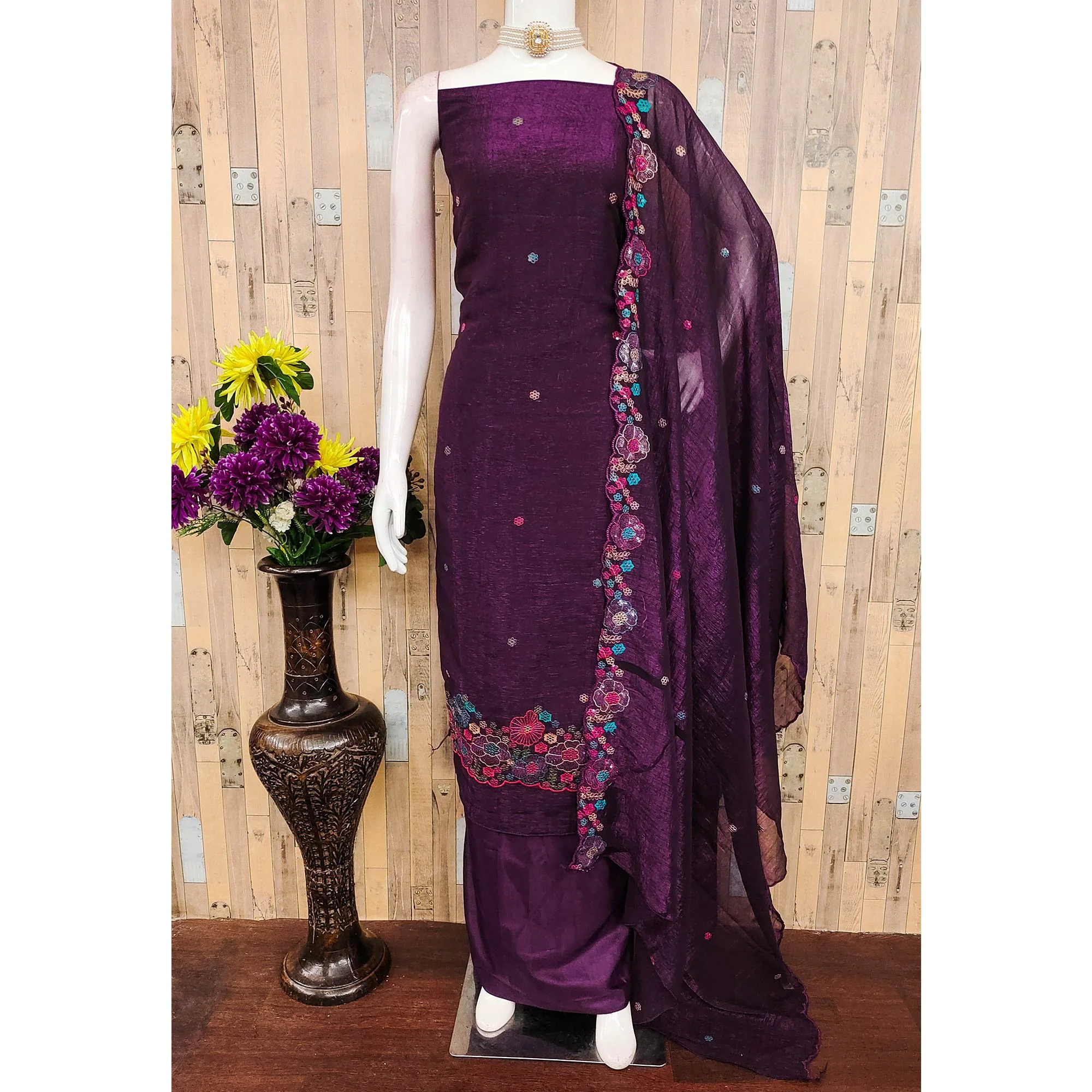 Festive Unstitched Deep Purple Cotton Blend Dress Material with Floral Embroidery - Image 3