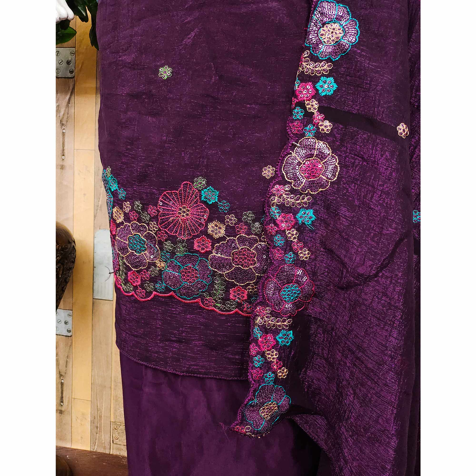 Festive Unstitched Deep Purple Cotton Blend Dress Material with Floral Embroidery - Image 4