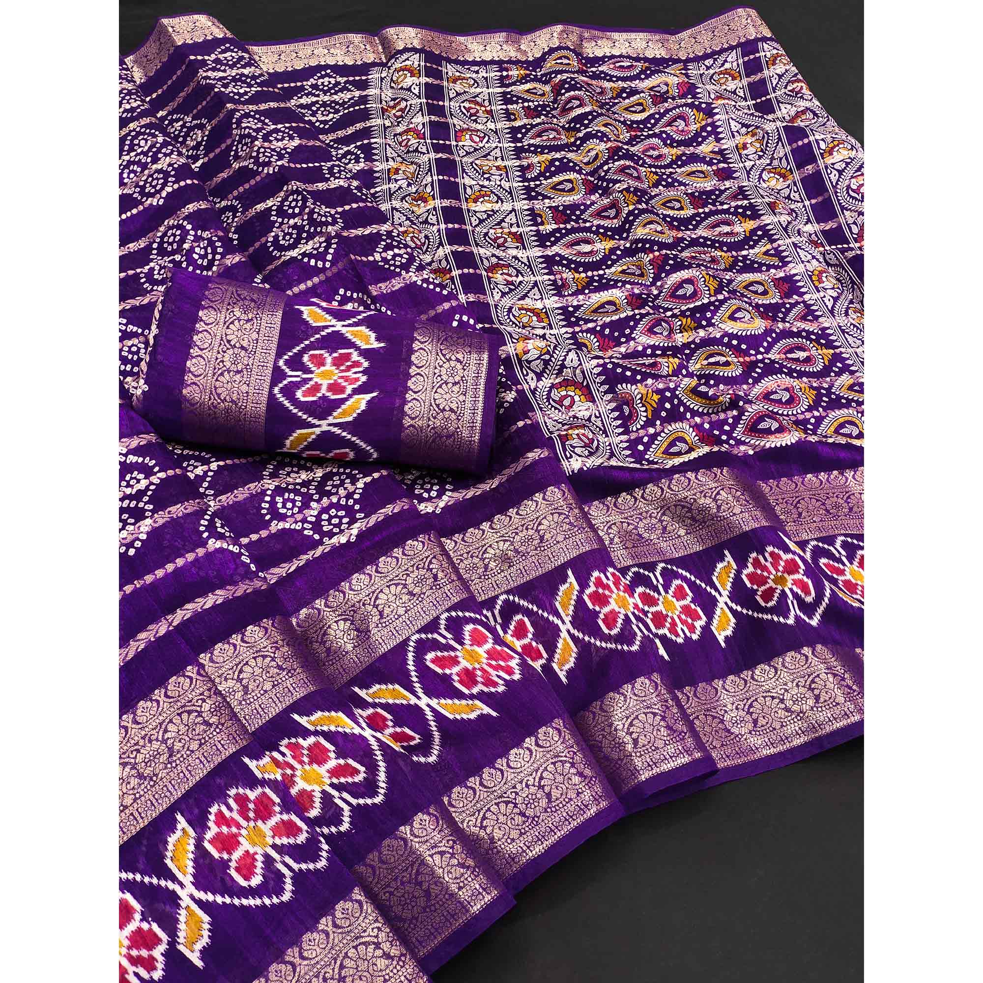 Festive Violet Bandhani Print Saree with Rich Zari Detailing - Image 3