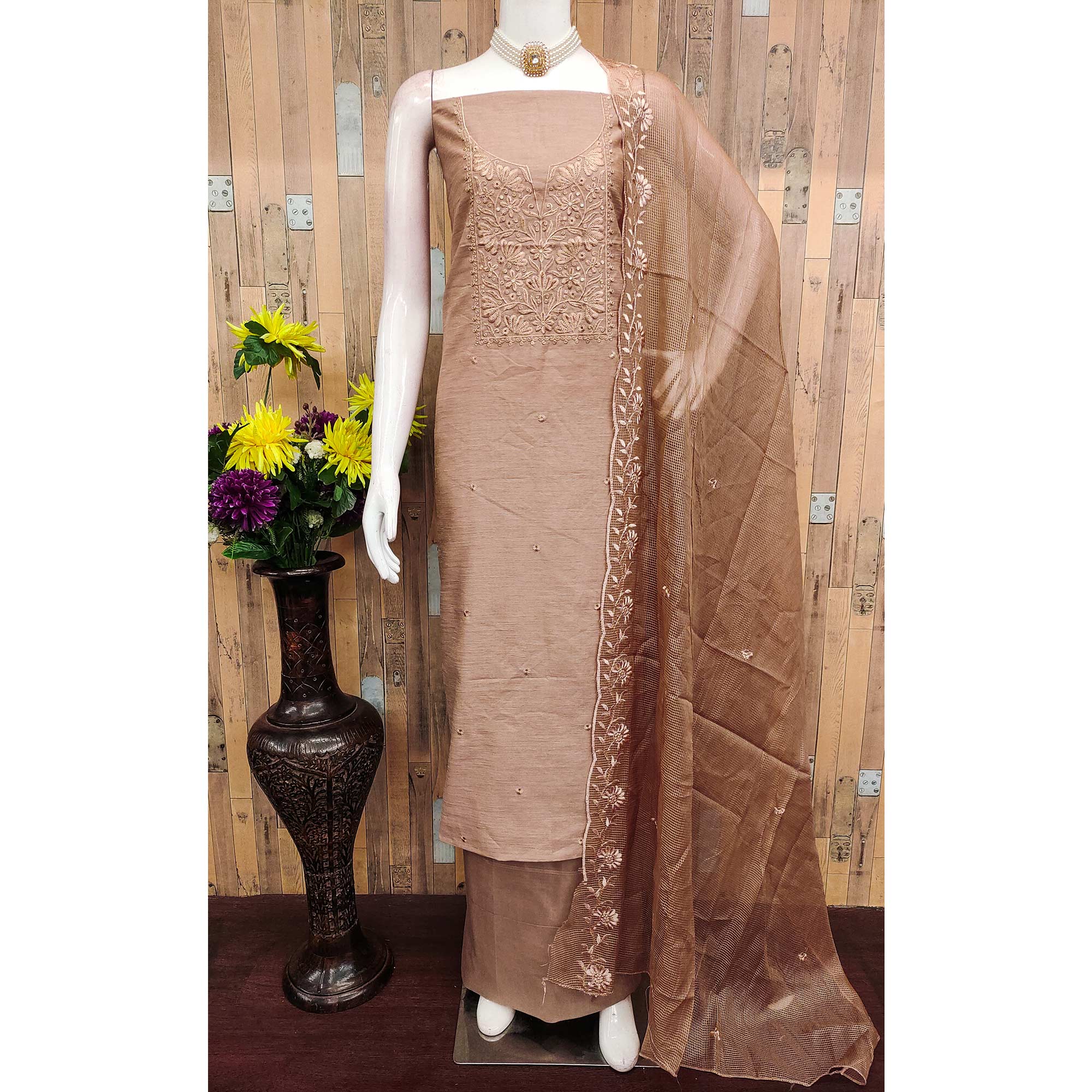 Festive Wear Brown Floral Embroidered Unstitched Cotton Blend Dress Material - Image 3