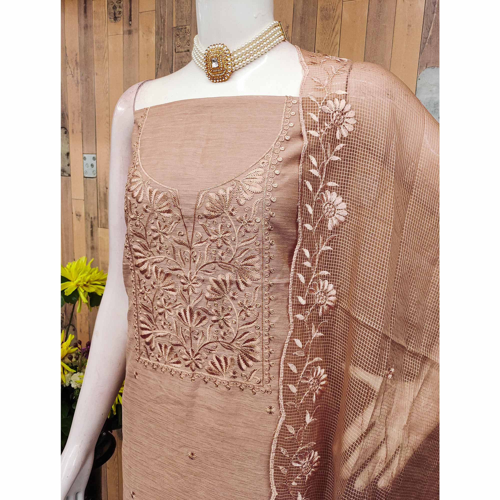 Festive Wear Brown Floral Embroidered Unstitched Cotton Blend Dress Material - Image 4