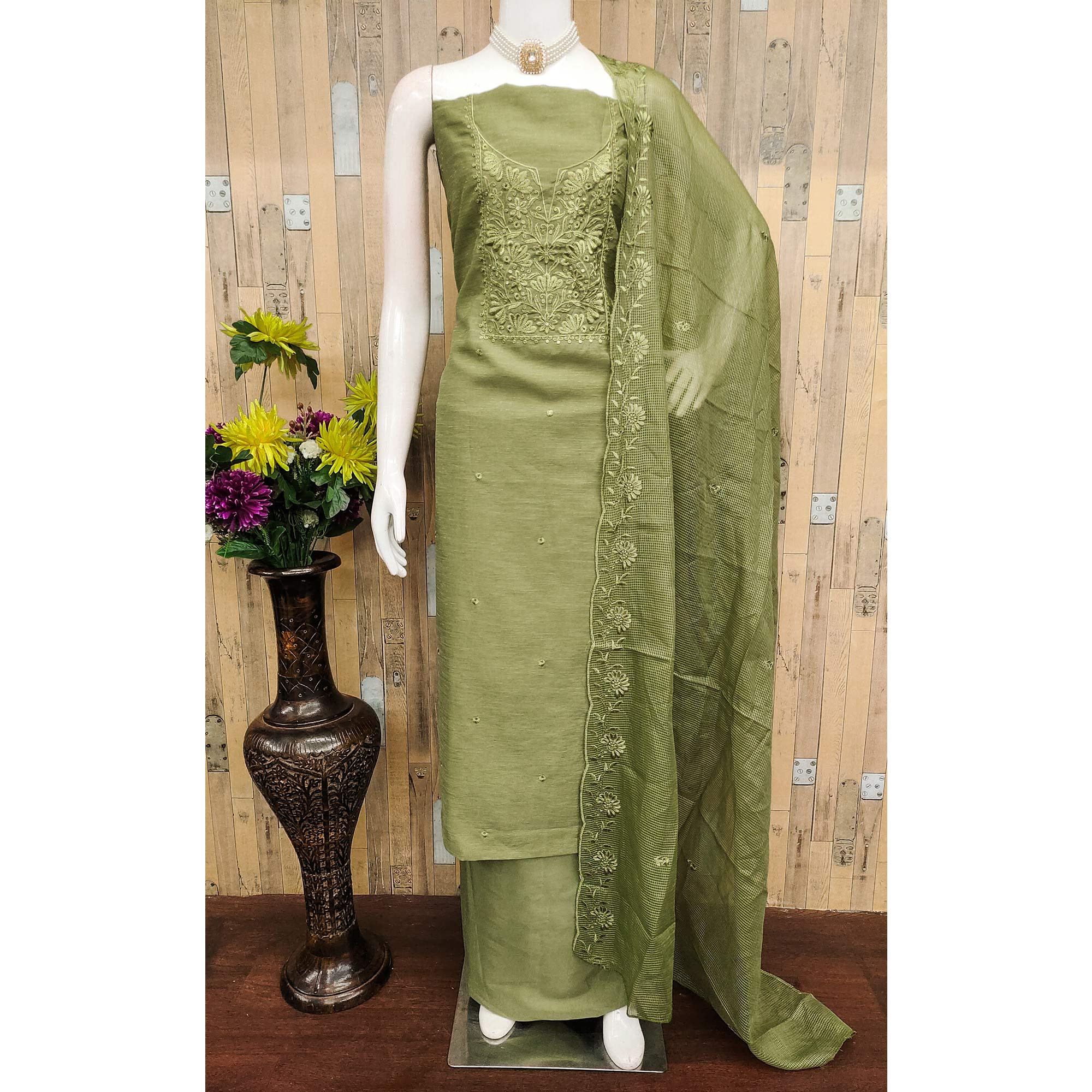 Festive Wear Green Floral Embroidered Unstitched Cotton Blend Dress Material - Image 3
