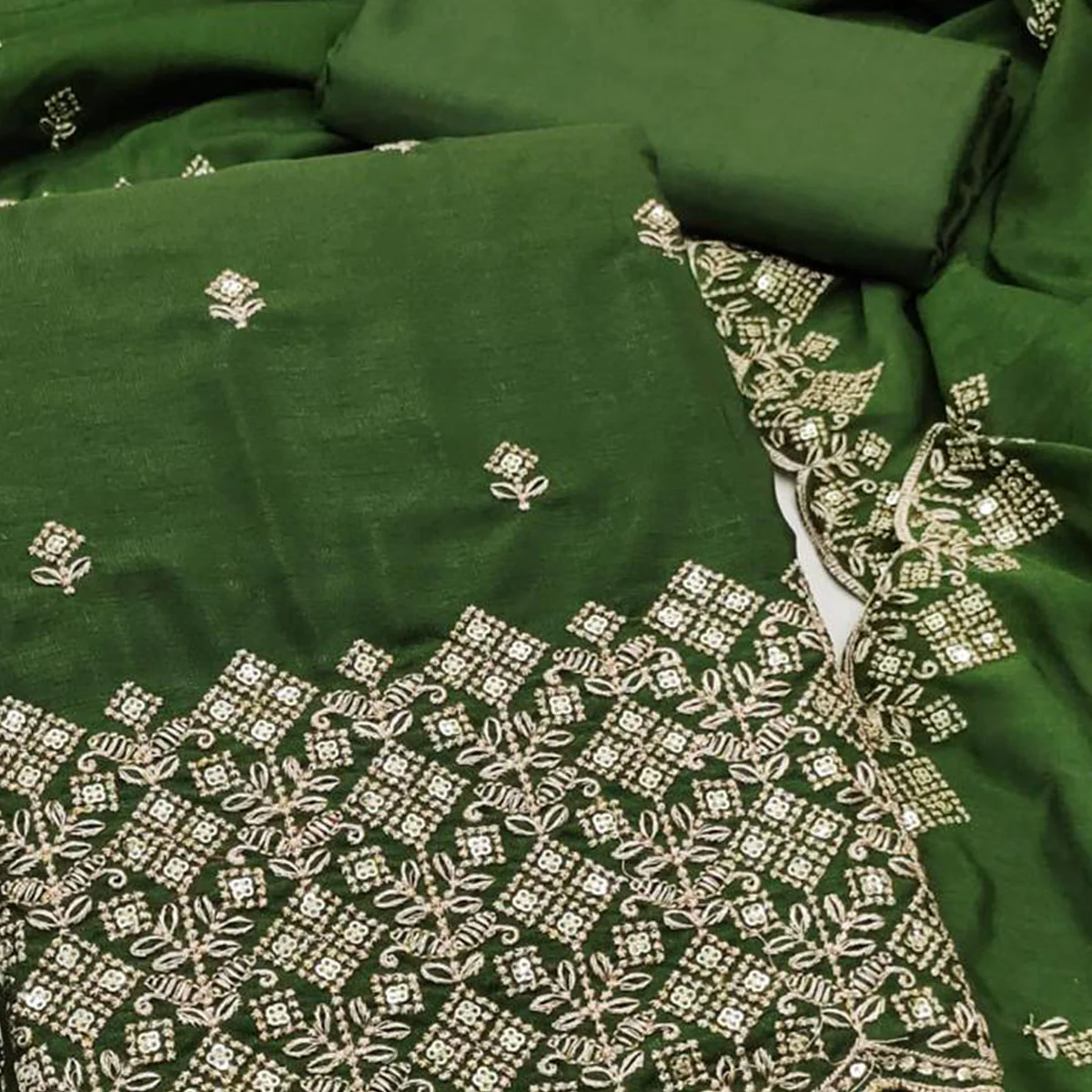 Festive Wear Green Vichitra Silk Dress Material with Sequins Embellishment - Image 2