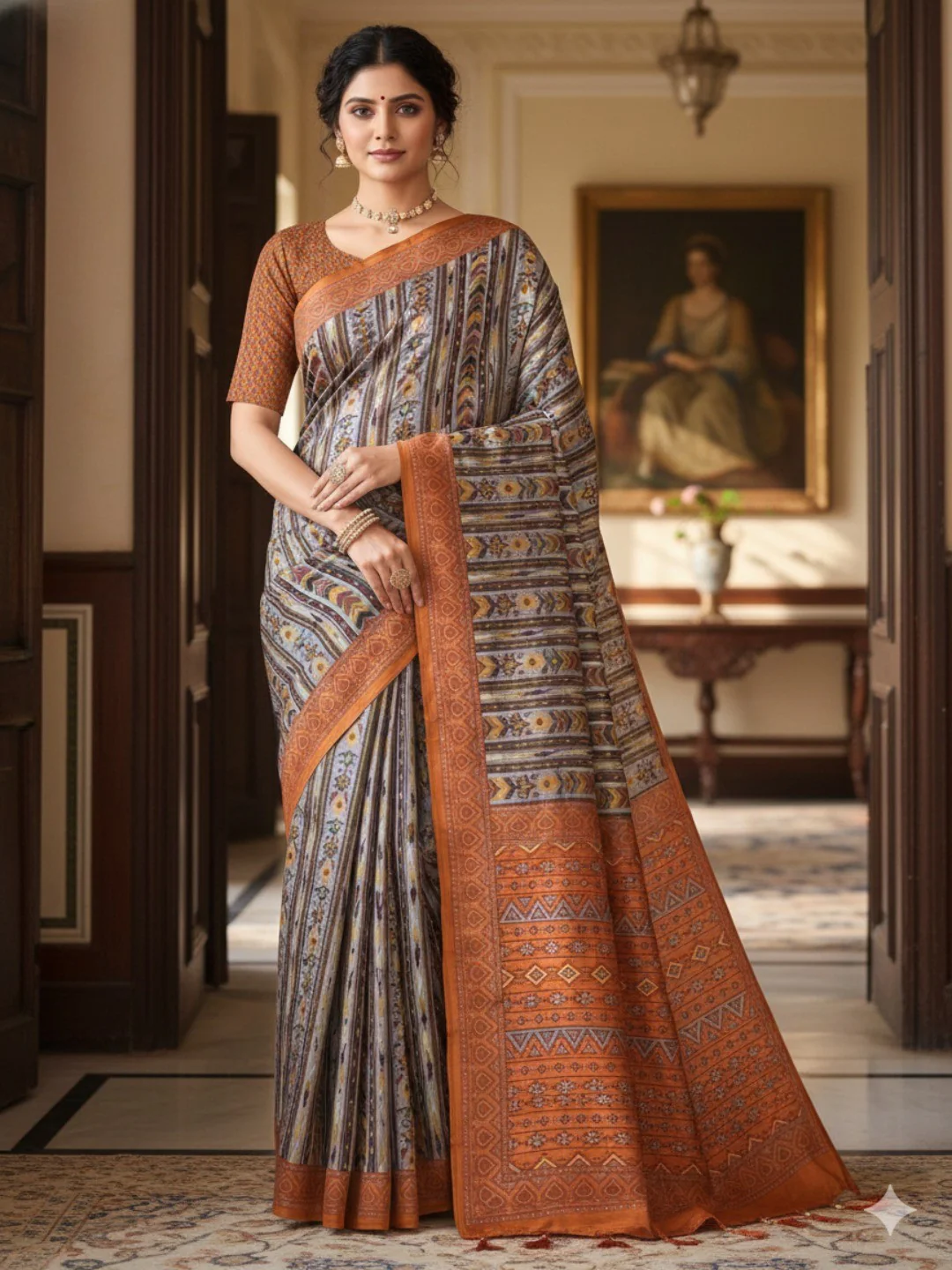 Festive Wear Grey Floral Print Silk Blend Saree with Sophisticated Ethnic Styling