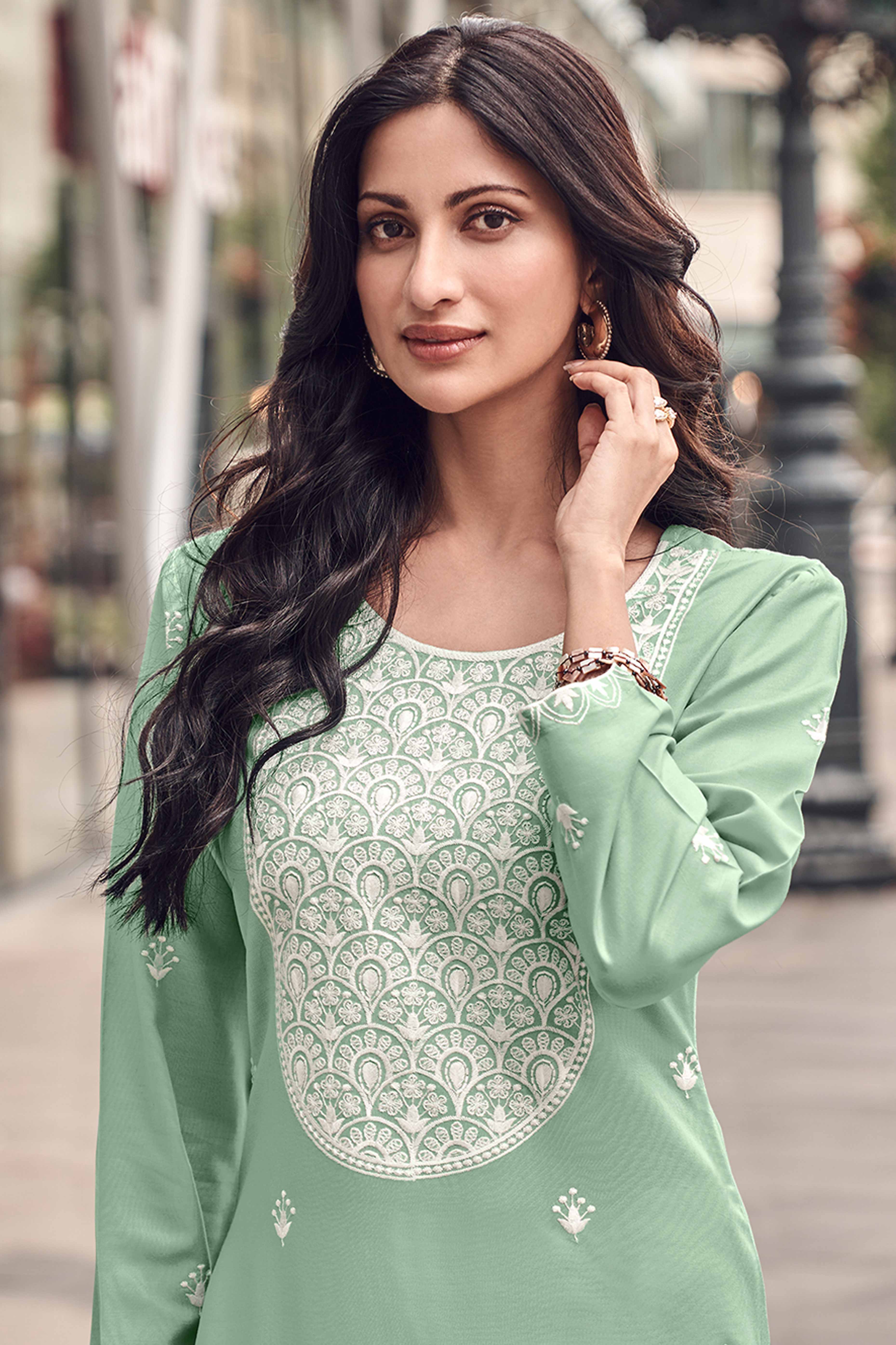 Festive Wear Mint Green Kurti in Rayon with Lucknowi Detailing - Image 3